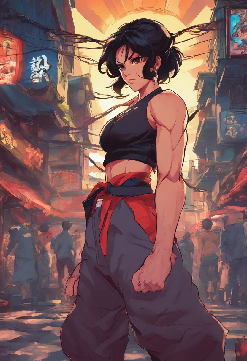 best quality, 8k, a woman in a top and baggy pants, black hair, wicked hair, city scenery, pc wallpaper,