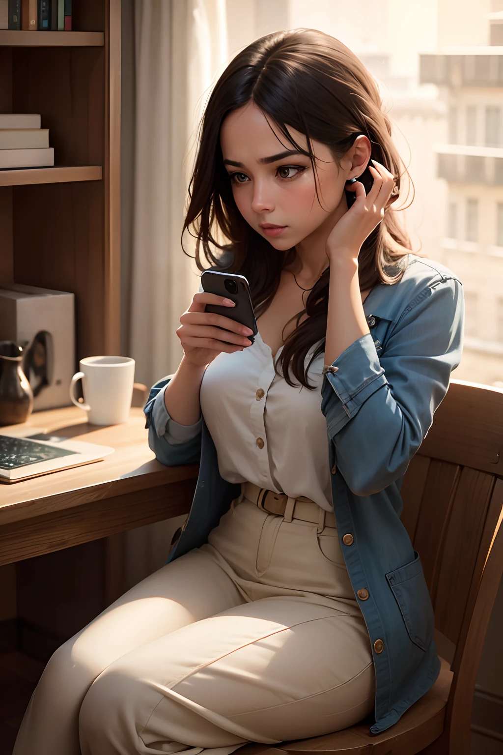 create an image of a woman looking at her cell phone