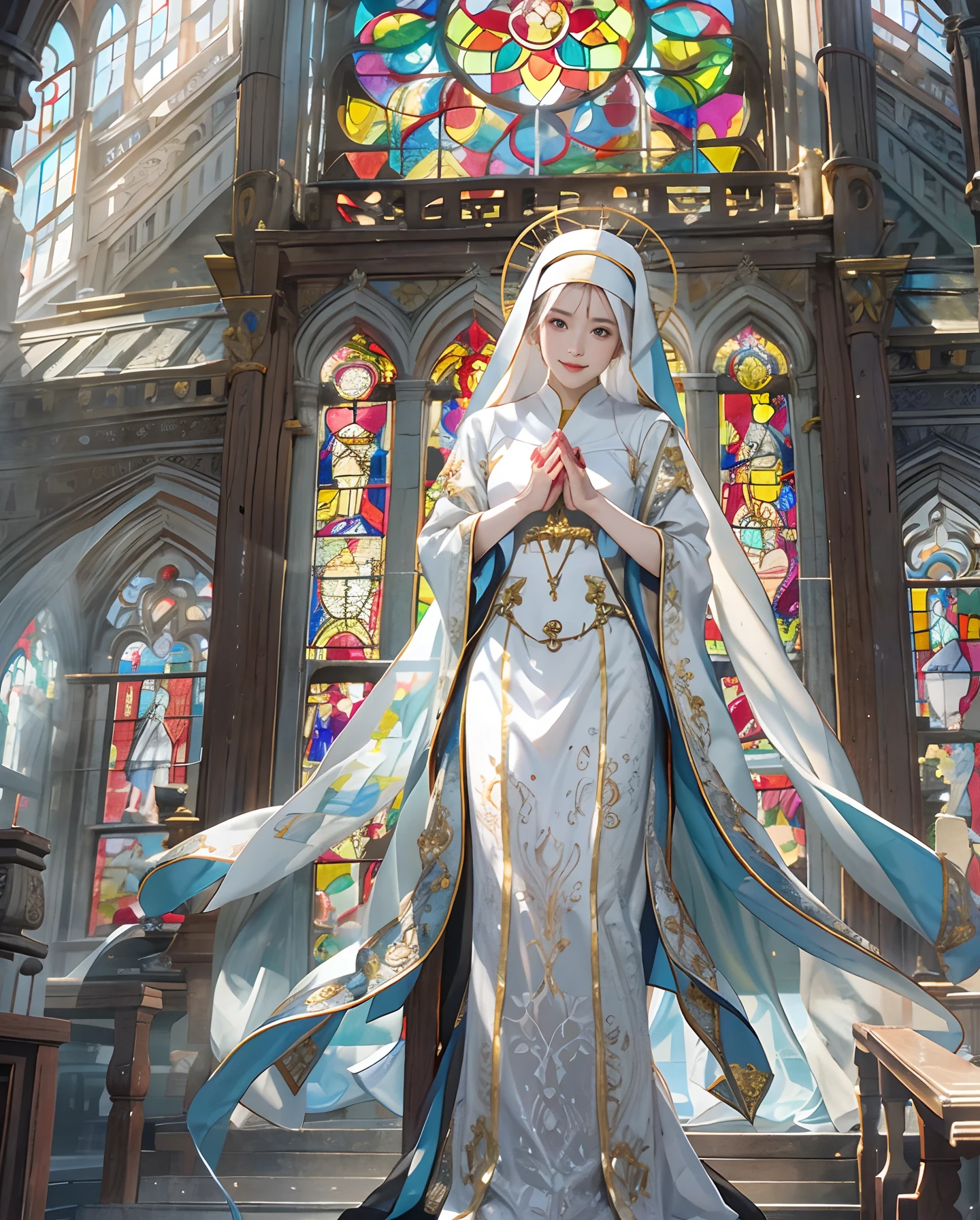 masutepiece、hight resolution、Nun costume、25Old Female、1girl with、Look at the viewer、smil、Okappa、The background is a monastery、Beautiful stained glass、the skin is white and transparent、Beautiful nun praying to God、Smile、the skin is white and transparent、Paws are thin and beautiful、high-heels、No plaque required、