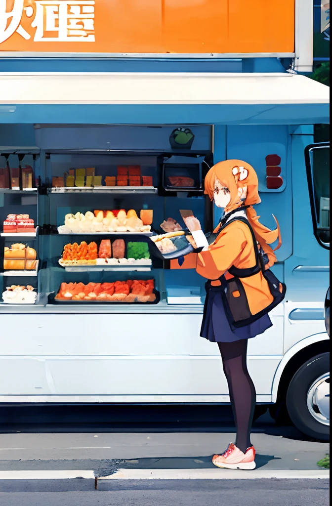 anime girl standing behind of a orange sushi truck