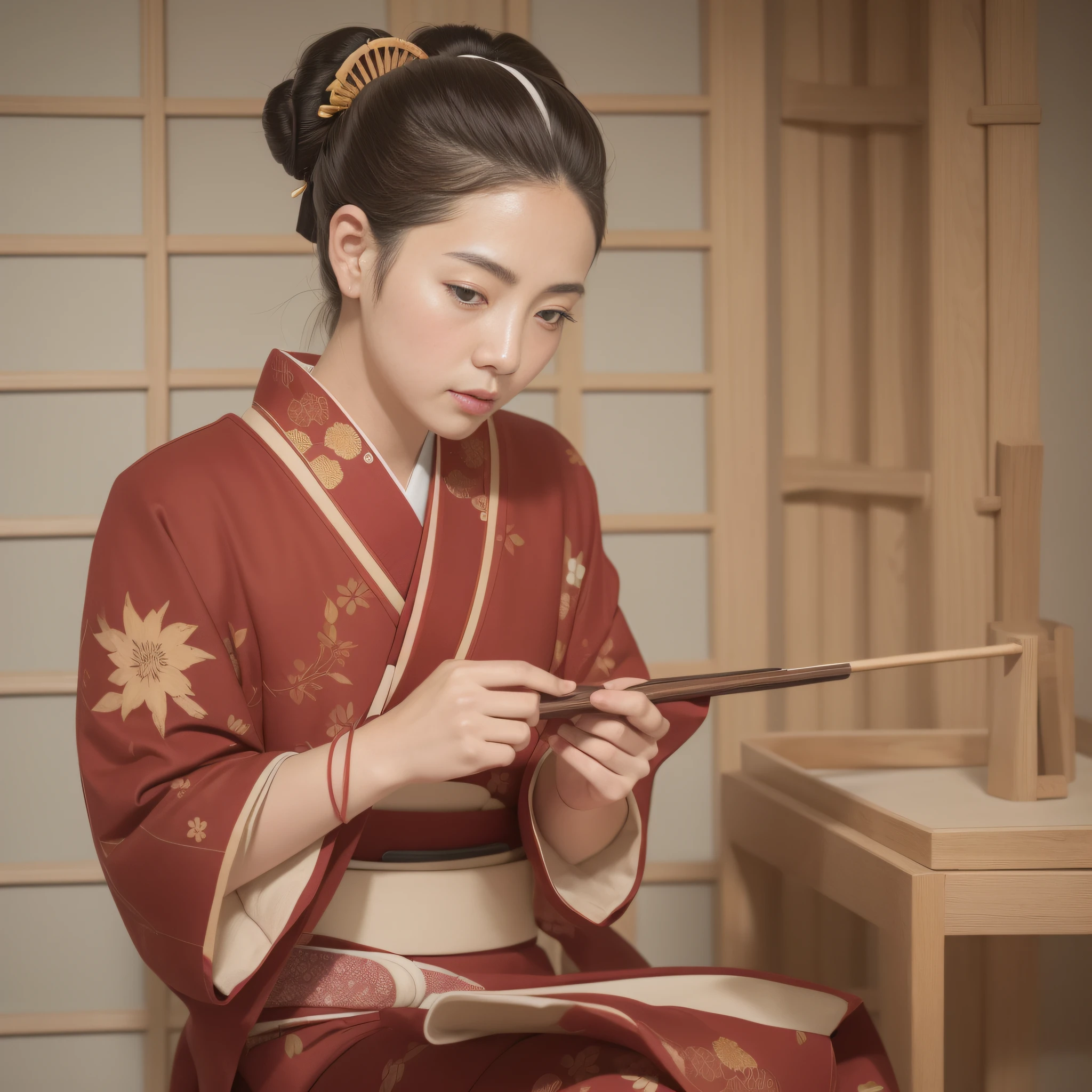 desenho animado de uma mulher em um quimono sentado em uma mesa usando um telefone celular, japanese style painting, No estilo de arte de Ukiyo - E, japanese art style, japanese illustrator, Pintura tradicional japonesa, Gueixa habilidosa dos japoneses, inspired by Itō Shinsui, Arte tradicional japonesa, mulher japonesa elegante, Mulher japonesa, Japanese style of woodcut.
