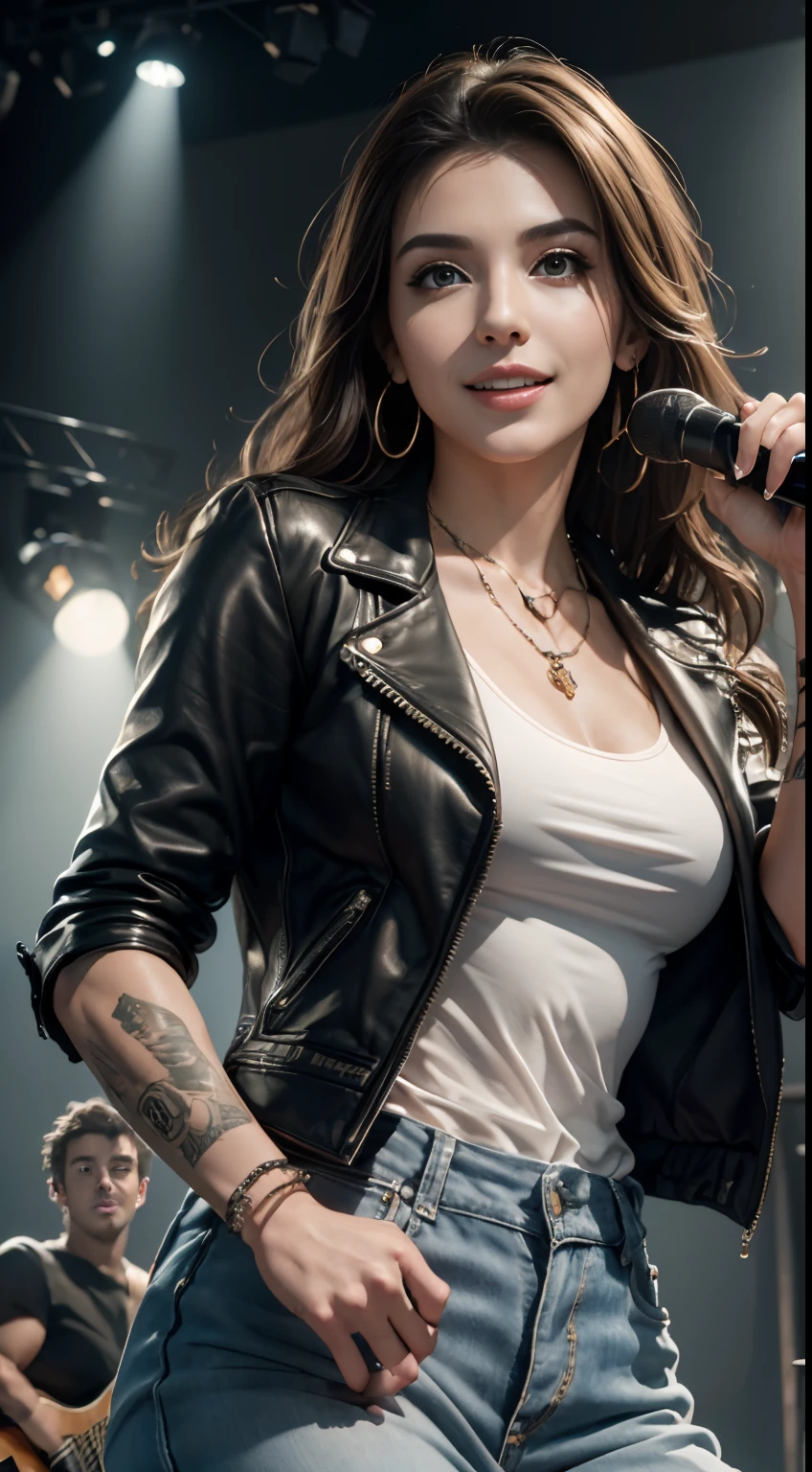 (Masterpiece:1.3, Best quality, Photorealistic, Ultra-detailed, finely detailed, high resolution, 8K wallpaper), 1 beautiful girl, Lead singer of the band group, In a leather jacket, Sing with an electric guitar, standing microphones, Mouth open, Beautiful face, Detailed face, Beautiful eyes, Detailed eyes, Smiling, Earrings, necklace, Detailed guitar, (Straight guitar neck and strings), Medium length light brown hair, be on stage, spotlight, Look at the viewer