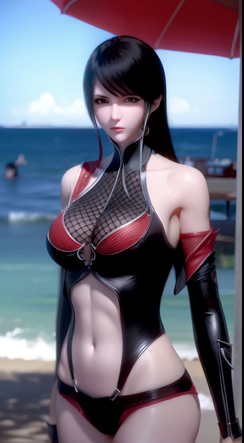 A girl with black hair，Bigchest。Wearing sexy red mesh lingerie by the sea