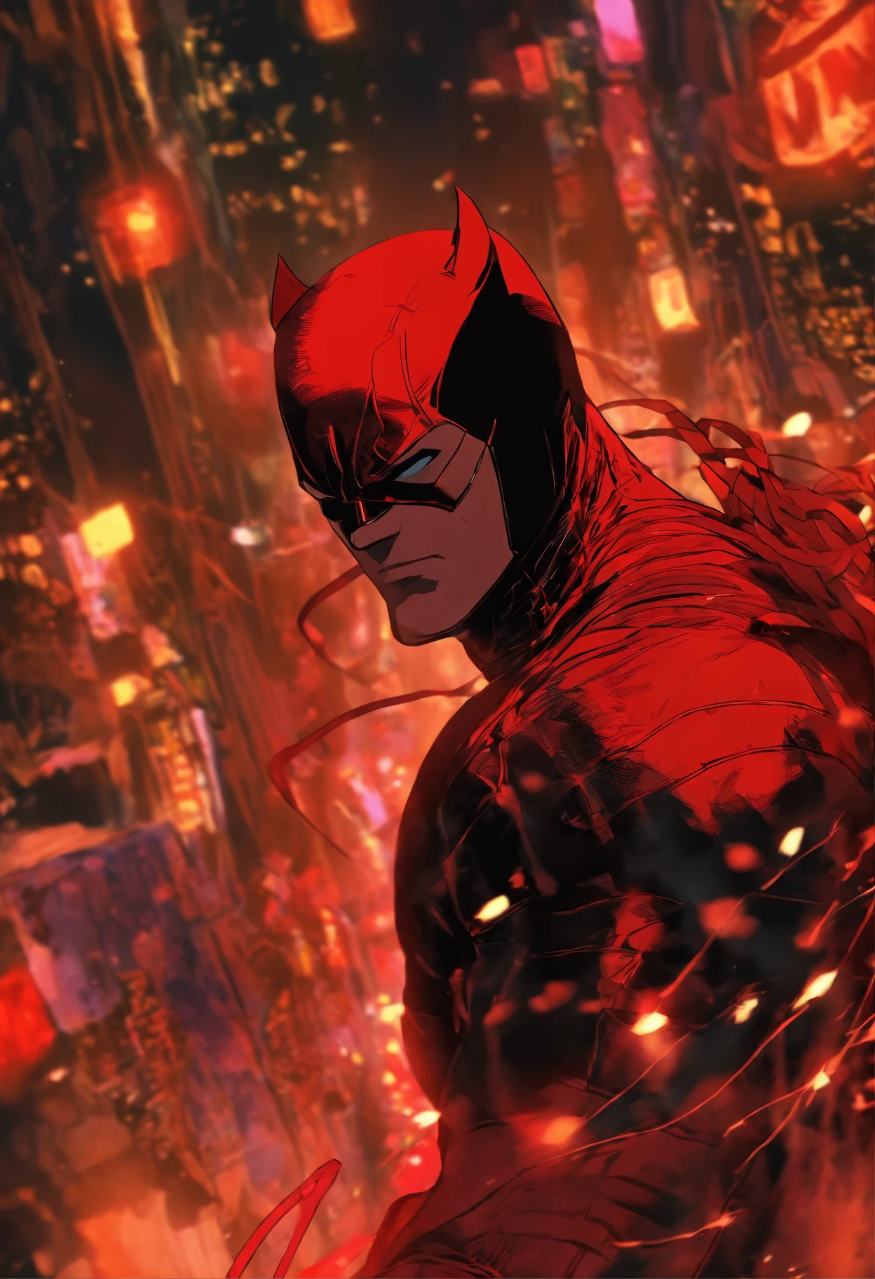 Daredevil adolescent dans un costume de combat rouge, avec de petites lignes rouges et des yeux rouges, un masque demi-rouge, and a hint of smirking, with two small horns protruding from the top of the head. Version anime , anime poster
