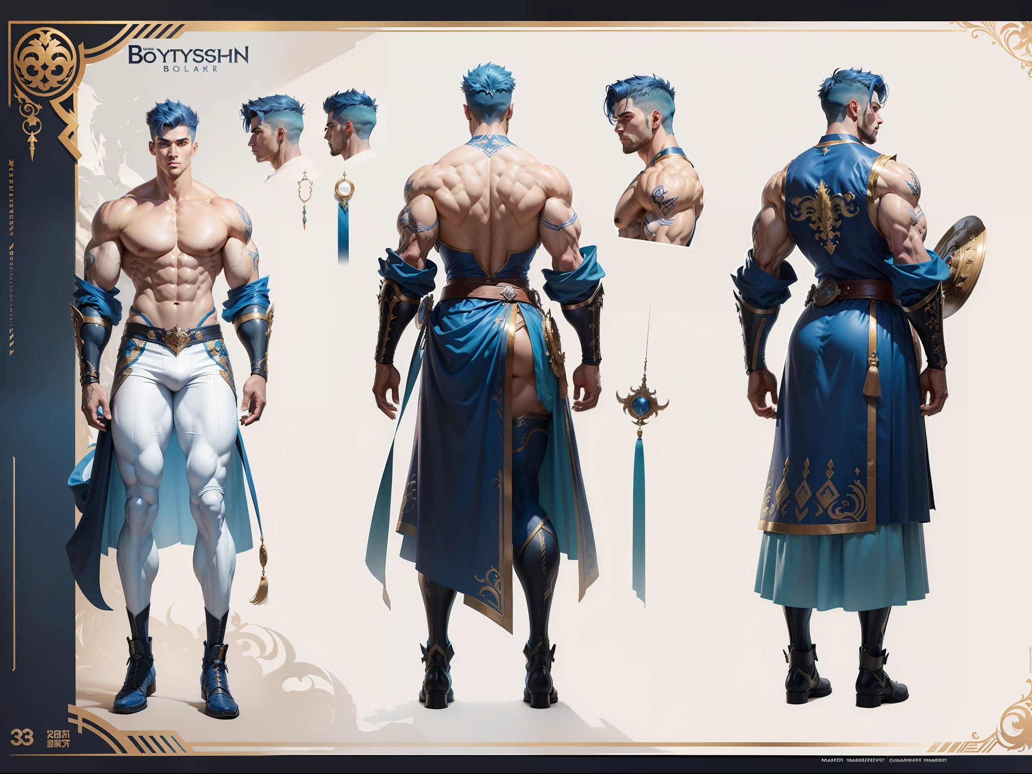 ((Masterpiece, Highest quality)), Detailed face, character design sheet, full bodyesbian, Full of details, frontal body view, back body view, Highly detailed, Depth, Many parts, Muscle boy with blue hair,handsome man, muscle body, white outfit male gods, man tall