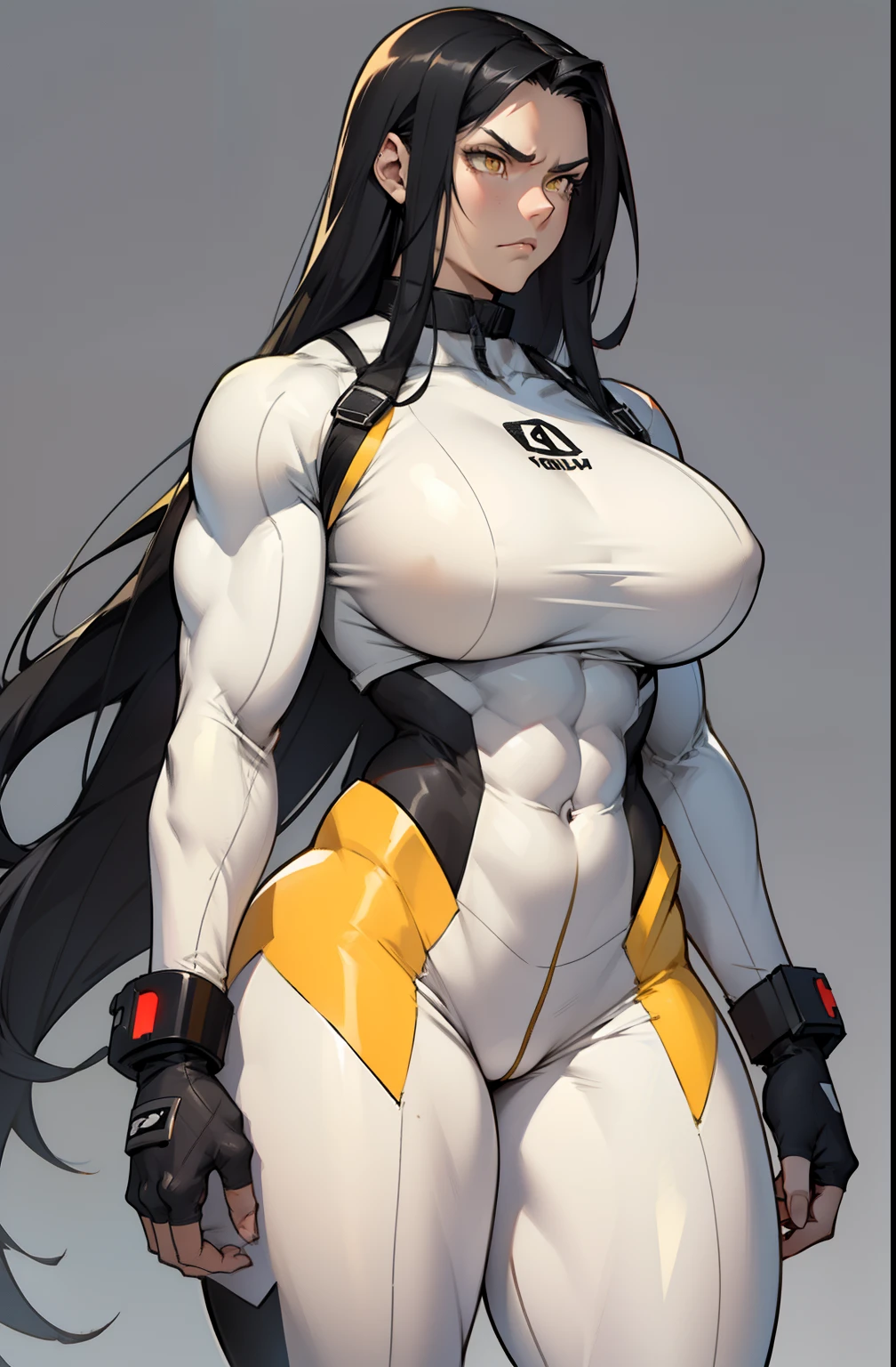 grey background, solo, 1 girl, bodysuit, very long hair, black hair, angry, yellow eyes, (((muscular))), ((huge tits)), (thick thighs)), ((wide hips)), pale skin