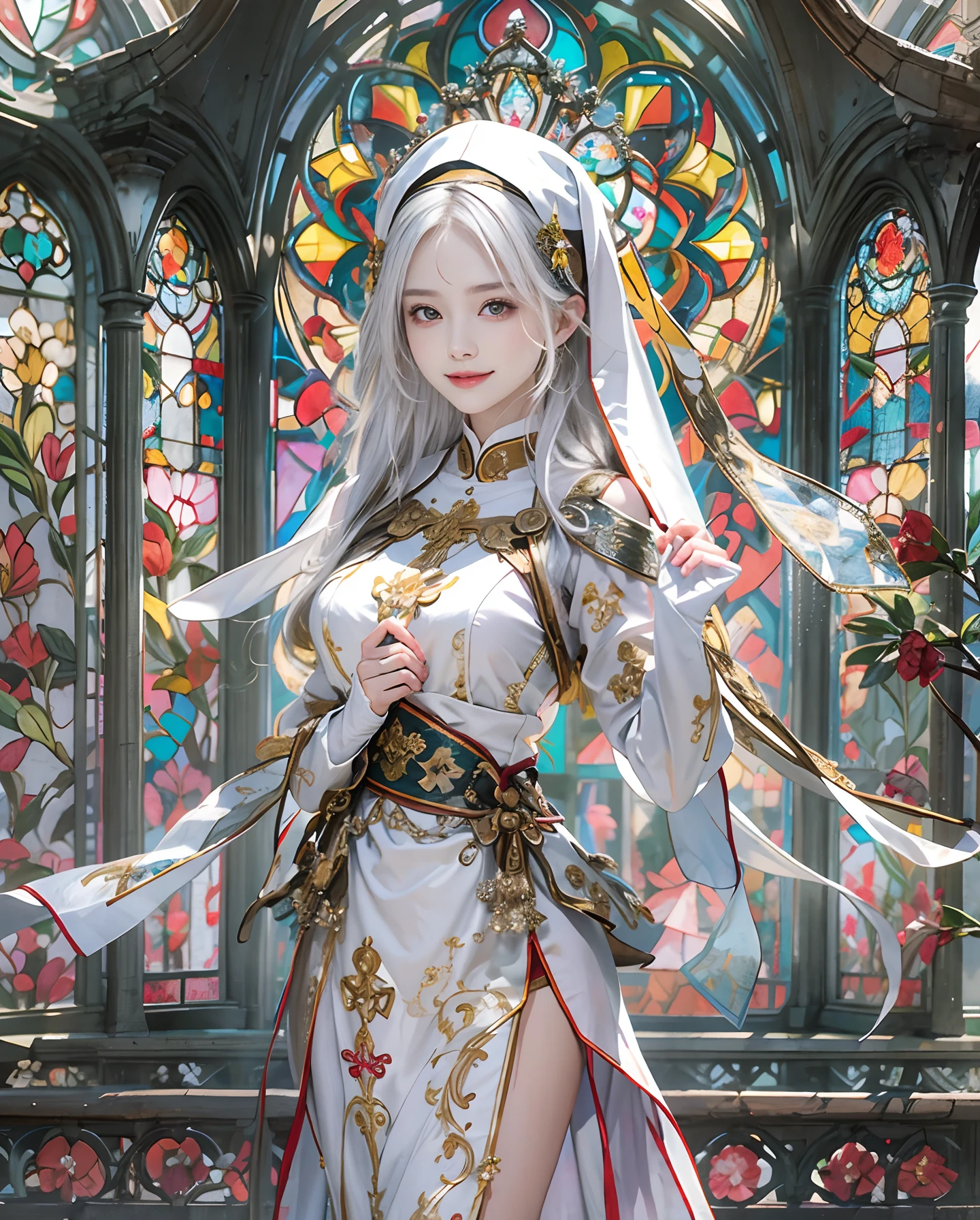 masutepiece、hight resolution、Nun costume、25Old Female、1girl with、Look at the viewer、smil、Okappa、The background is a monastery、Beautiful stained glass、the skin is white and transparent、Beautiful nun praying to God、Smile、the skin is white and transparent、Paws are thin and beautiful、high-heels、No plaque required、