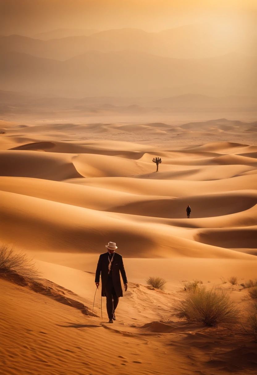 A human being made of pocket watches who is walking through a desert at day hoping for a best tomorrow