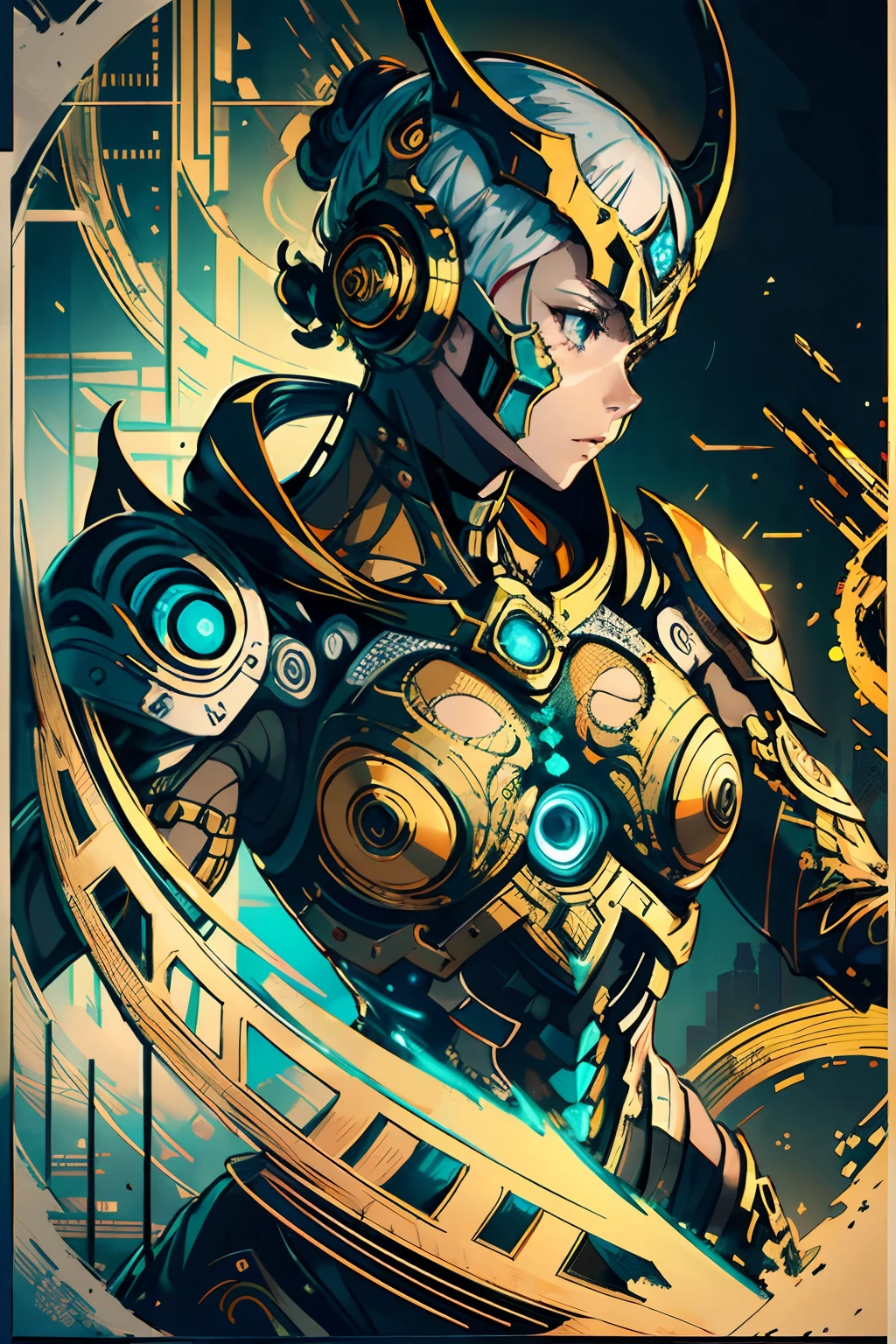 Full page scan of 1400s detailed concept art, warforged, Renaissance style, illustration, decay, mathematics and geometry, cyber punk, weapons, neon, ornate, geometric, vases, circular arc, silver accents, dramatic lighting, rococo, saturated, teal, orange, yellow, black, gold, yellow, black, ink, colorful, poster, poster pattern, poster style, poster style on black, high detail, wide angle, 'Mecha, photorealistic, 4k, render, epic lighting, cinematic composition, ultra detailed render, hyperrealistic,