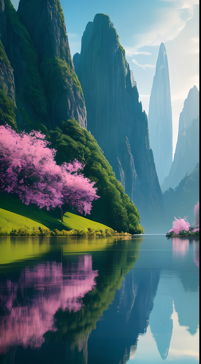 masterpiece, best quality, high quality, extremely detailed CG unity 8k 16:9 wallpaper, scenery, outdoors, sky, cloud, day, no humans, mountain, small birds , lily lake,landscape, water, cherry trees, blue sky, high waterfall, high cliff, nature, lake, river, cloudy sky,award winning photography, Bokeh, Depth of Field, HDR, bloom, Chromatic Aberration ,Photorealistic,extremely detailed, trending on artstation, trending on CGsociety, Intricate, High Detail, dramatic, art by midjourney