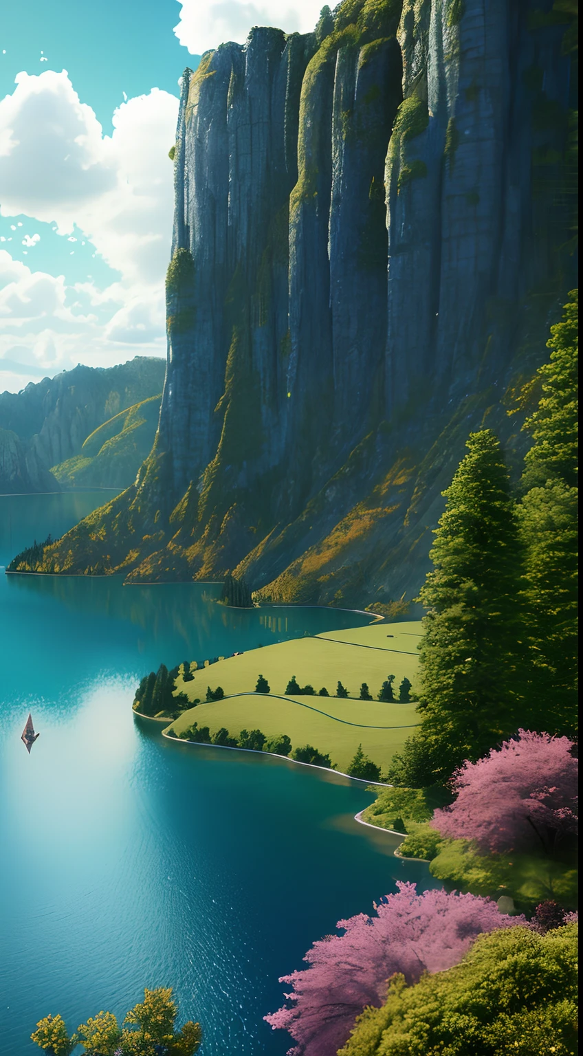 masterpiece, best quality, high quality, extremely detailed CG unity 8k 16:9 wallpaper, scenery, outdoors, sky, cloud, day, no humans, mountain, small birds , lily lake,landscape, water, cherry trees, blue sky, high waterfall, high cliff, nature, lake, river, cloudy sky,award winning photography, Bokeh, Depth of Field, HDR, bloom, Chromatic Aberration ,Photorealistic,extremely detailed, trending on artstation, trending on CGsociety, Intricate, High Detail, dramatic, art by midjourney