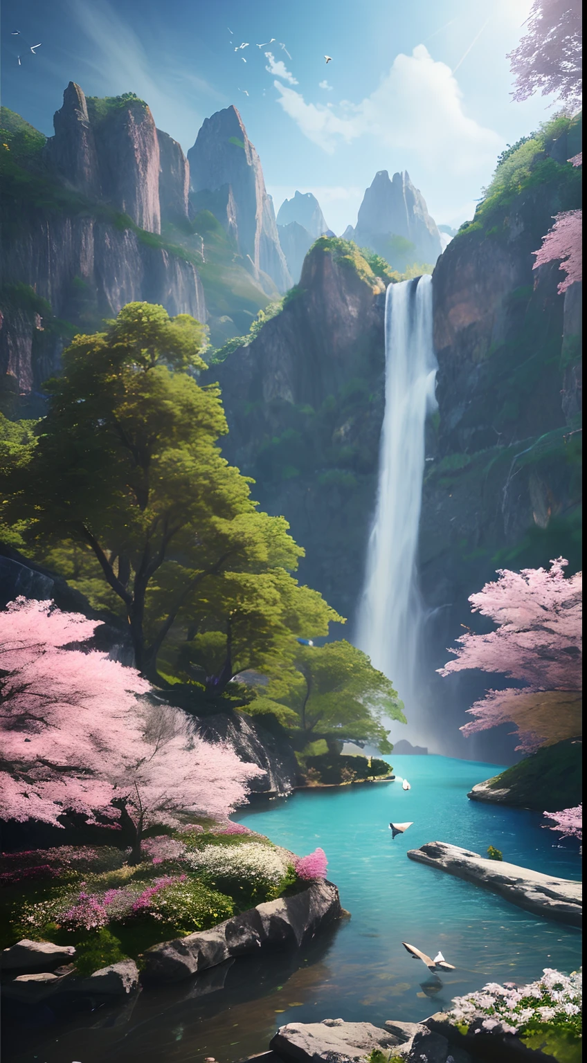 masterpiece, best quality, high quality, extremely detailed CG unity 8k 16:9 wallpaper, scenery, outdoors, sky, cloud, day, no humans, mountain, small birds , lily lake,landscape, water, cherry trees, blue sky, high waterfall, high cliff, nature, lake, river, cloudy sky,award winning photography, Bokeh, Depth of Field, HDR, bloom, Chromatic Aberration ,Photorealistic,extremely detailed, trending on artstation, trending on CGsociety, Intricate, High Detail, dramatic, art by midjourney