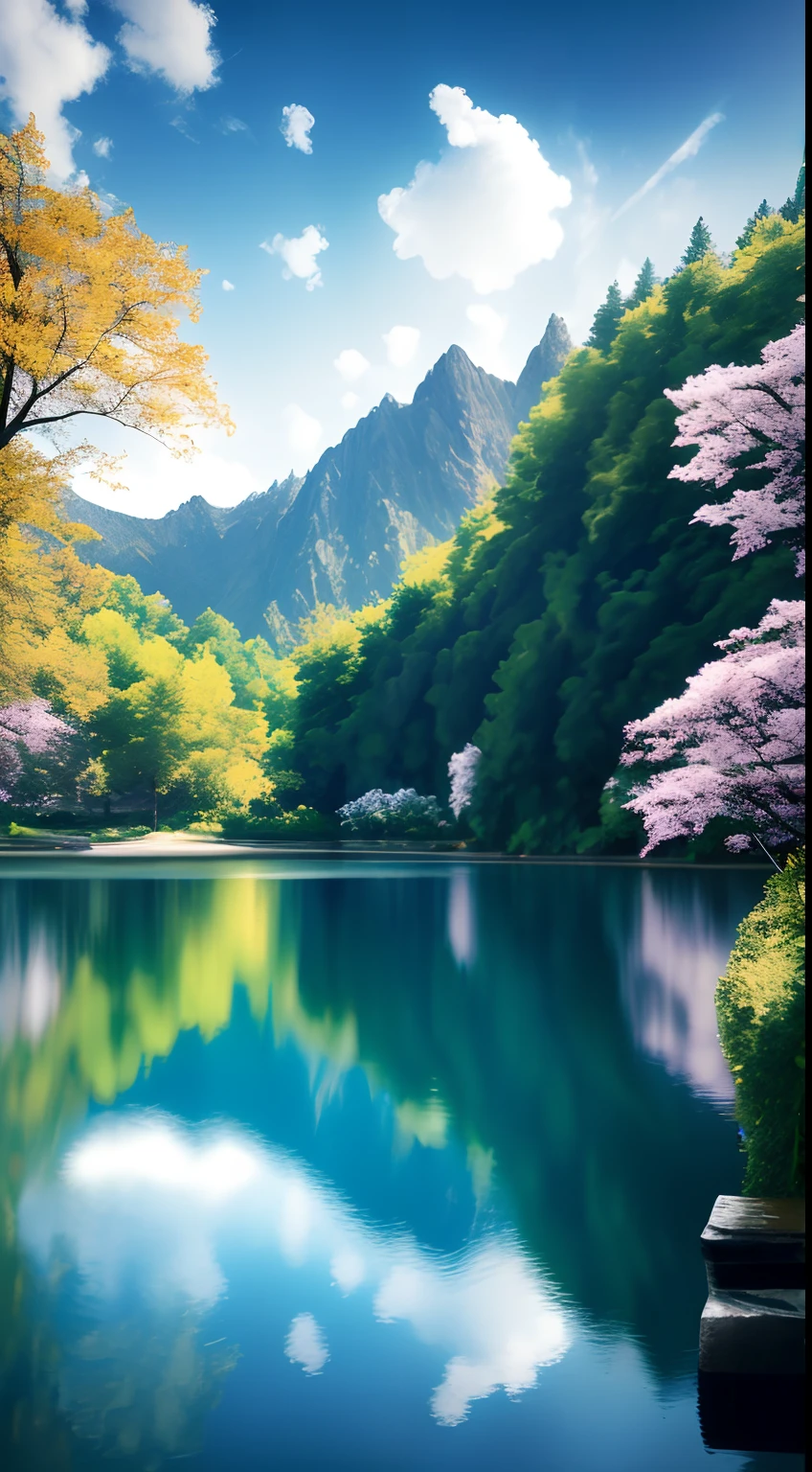 masterpiece, best quality, high quality, extremely detailed CG unity 8k 16:9 wallpaper, scenery, outdoors, sky, cloud, day, no humans, mountain, small birds , lily lake,landscape, water, cherry trees, blue sky, high waterfall, high cliff, nature, lake, river, cloudy sky,award winning photography, Bokeh, Depth of Field, HDR, bloom, Chromatic Aberration ,Photorealistic,extremely detailed, trending on artstation, trending on CGsociety, Intricate, High Detail, dramatic, art by midjourney