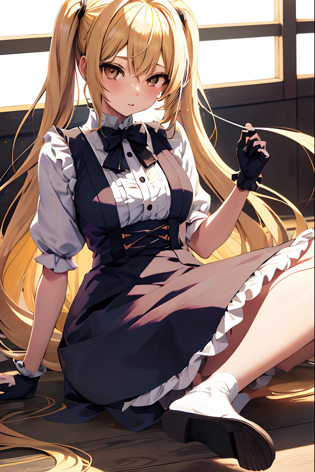 Anime girl with long blonde hair sitting on the floor, anime loira com cabelo longo, twintails branco_Luvas, Menina com cabelo longo, (menina animesonagem de anime, Marin Kitagawa Fanart, anime moe artstyle, Loli no vestido, pnagem de anime feminino, Marisa Kirisame, visual anime de uma menina bonito, Arte Ze, Retrato de Lolita
