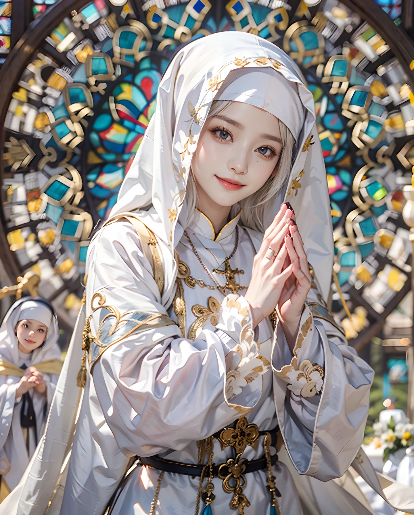 masutepiece、hight resolution、Nun costume、25Old Female、1girl with、Look at the viewer、smil、Okappa、The background is a monastery、Beautiful stained glass、the skin is white and transparent、Beautiful nun praying to God、Smile、the skin is white and transparent、Paws are thin and beautiful、high-heels、No plaque required、