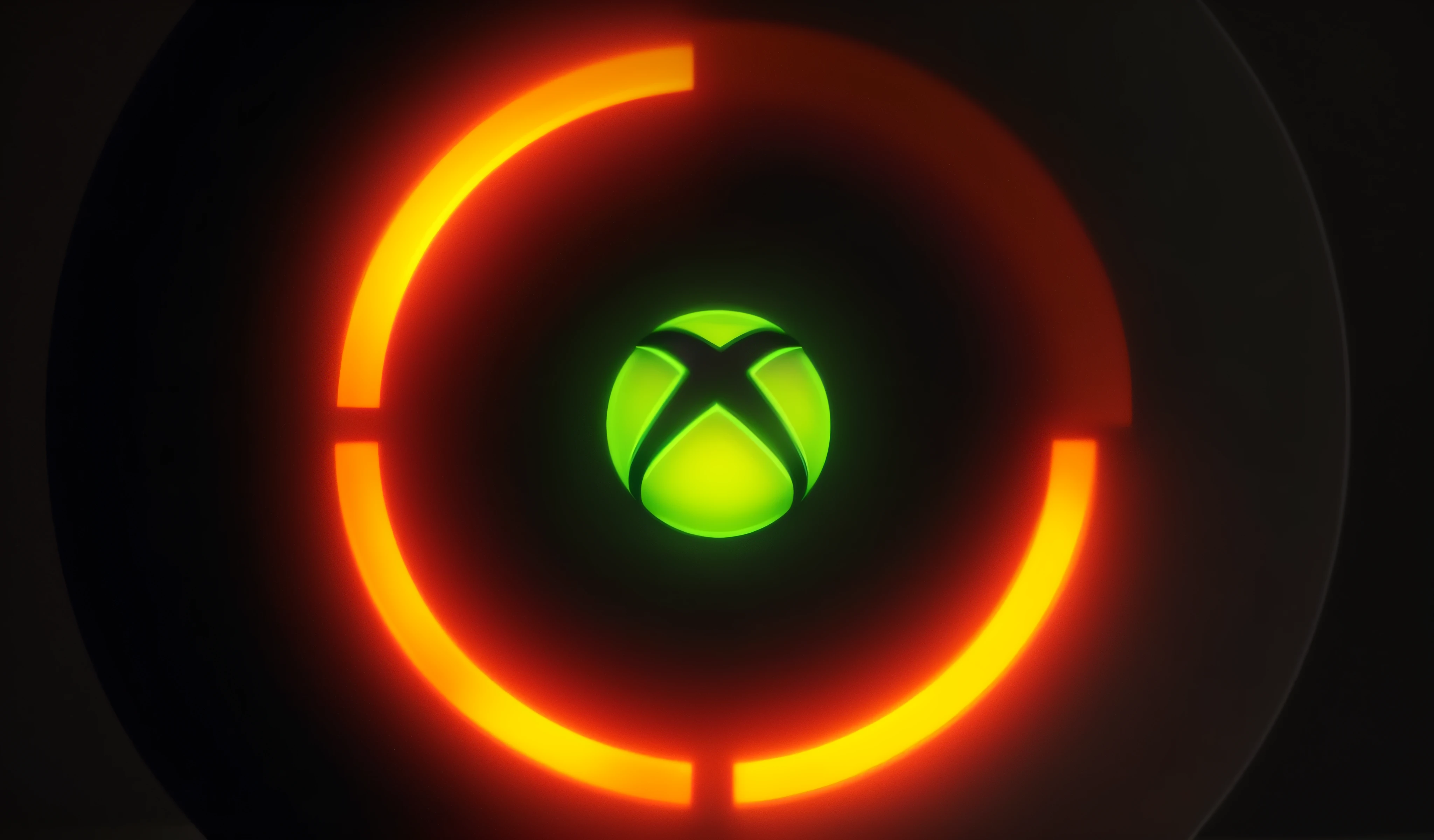Um close up de um logotipo brilhante do Xbox em uma sala escura, halo laranja, xbox, halo brilhante, xbox 3 6 0, halo de engrenagem, Xbox 360 graphics, Xbox 3 Graphics 6 0, Xbox Series X, halo em chamas, um o primeiro xbox, octano rendring, brilho vermelho e laranja, um halo brilhante, x - caixa, Neon circles