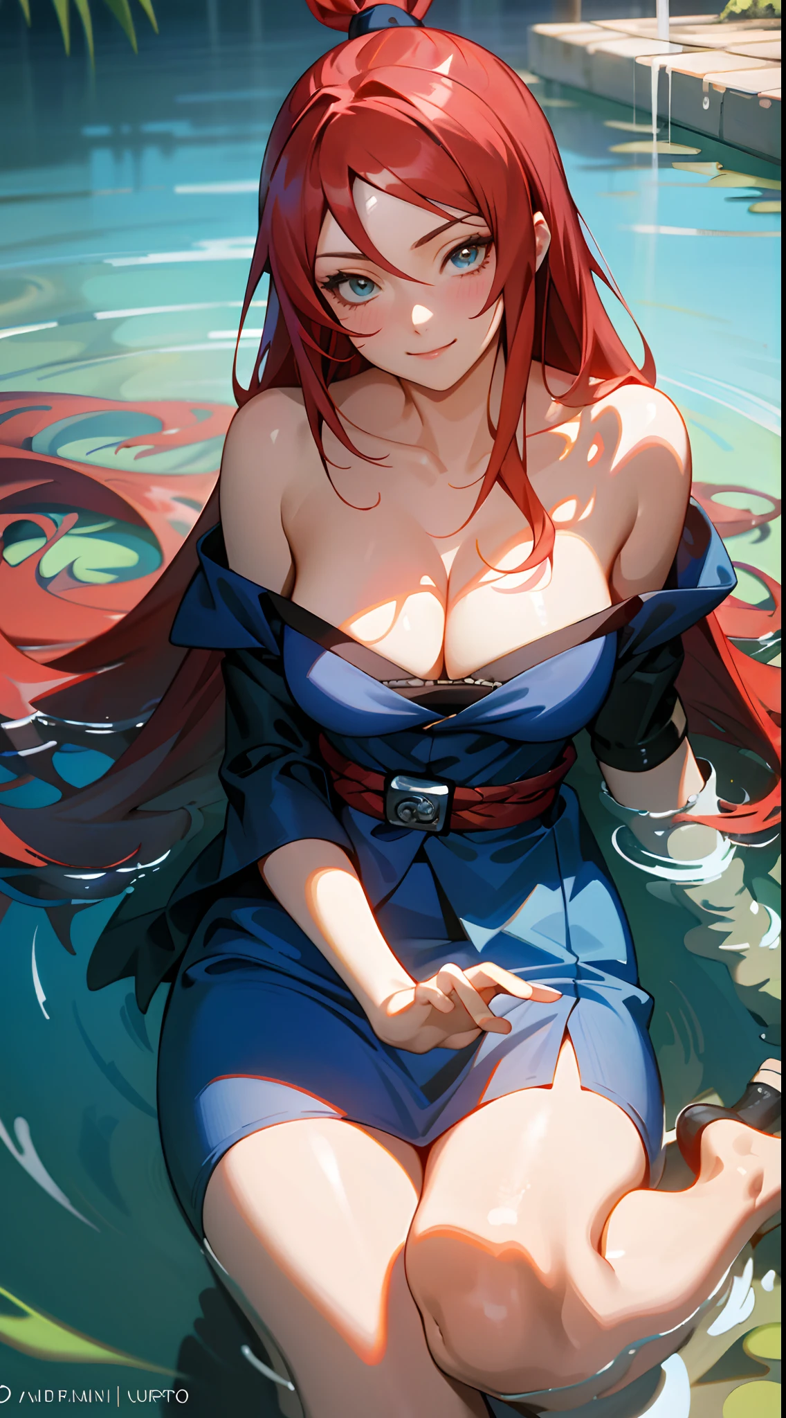 (Masterpiece), Expressive eyes, Perfect face, 1 girl, Smile, ，cleavage，red tinted hair，looks into camera，Blue clothes，Off-the-shoulder attire，Naruto，Five generations of water shadows，Terrumi