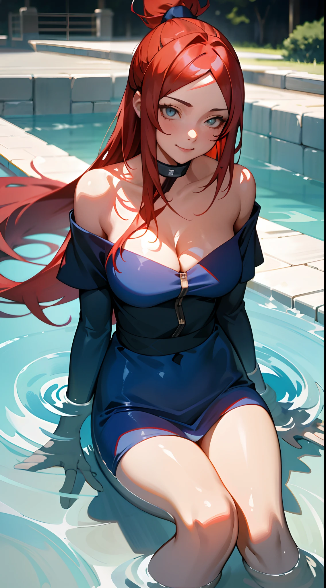 (Masterpiece), Expressive eyes, Perfect face, 1 girl, Smile, ,cleavage,red tinted hair,looks into camera,Blue clothes,Off-the-shoulder attire,Naruto,Five generations of water shadows,Terrumi