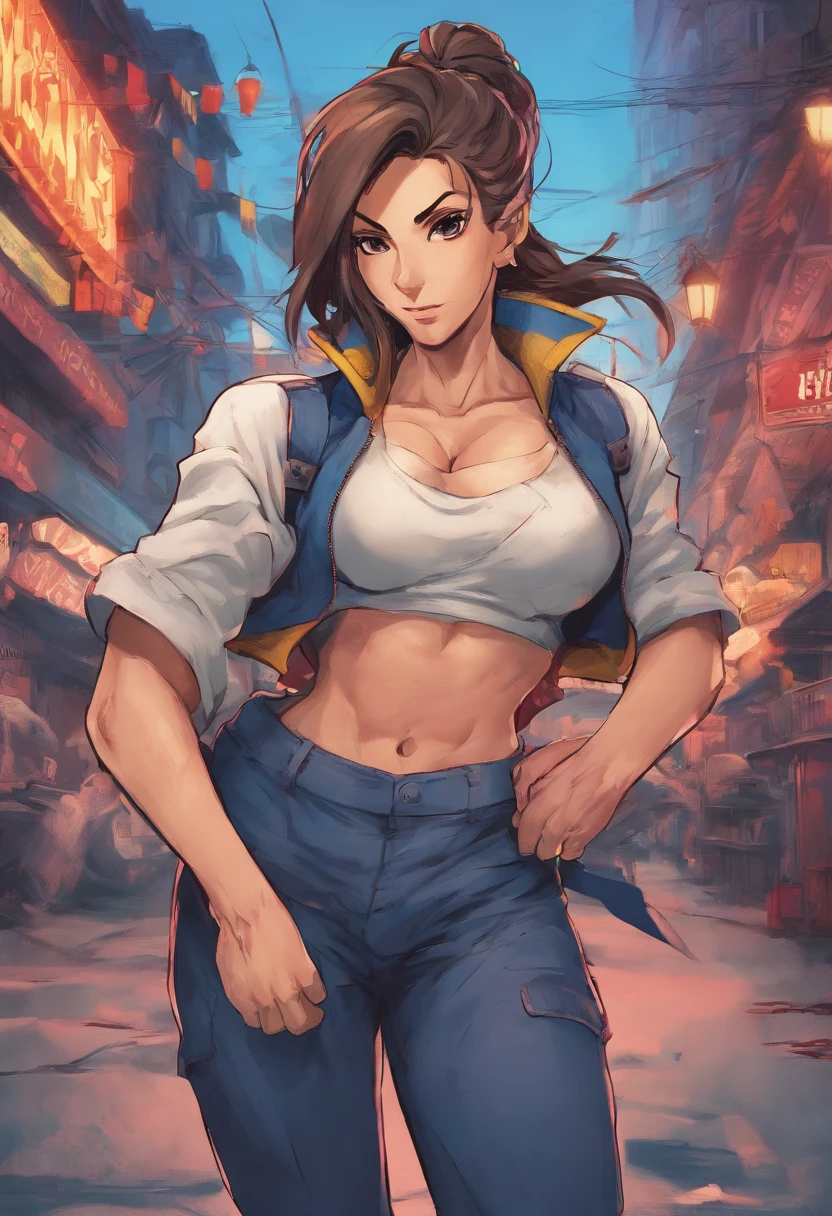 best quality, 8k, woman, young, 19 years old, top, cargo pants, wicked smile, dynamic pose, city scenery, pc wallpaper,