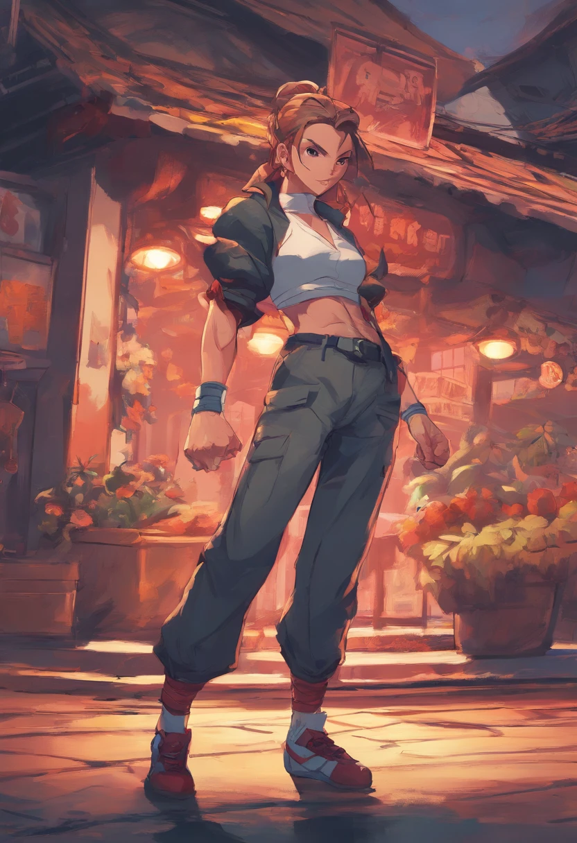 best quality, 8k, woman, young, 19 years old, top, cargo pants, wicked smile, dynamic pose, city scenery, pc wallpaper,