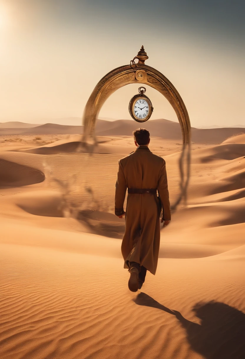 A human being whose body is made of pocket watches and is walking through a desert at day while it seems to be sad and hoping for a better tomorrow
