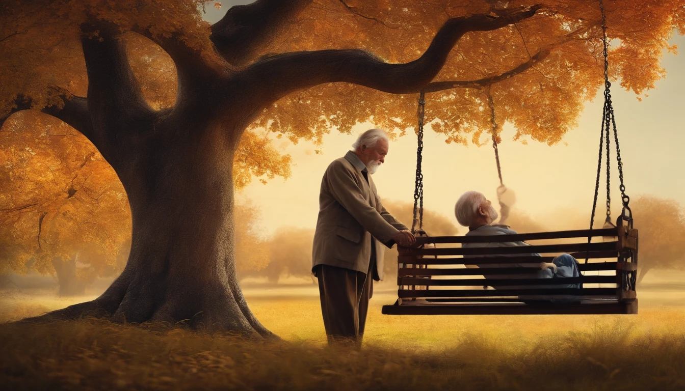 Under an old tree sat an old man and a small child swinging.