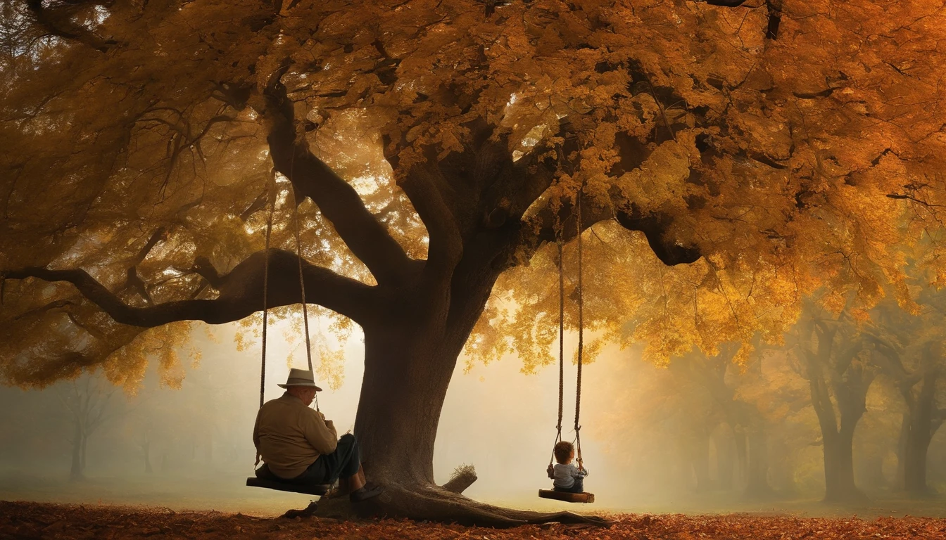 Under an old tree sat an old man and a small child swinging.