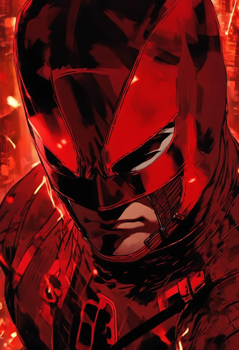 Daredevil adolescent dans un costume de combat rouge, avec de petites lignes rouges et des yeux rouges, un masque demi-rouge, and a hint of smirking, with two small horns protruding from the top of the head. Version anime , anime poster