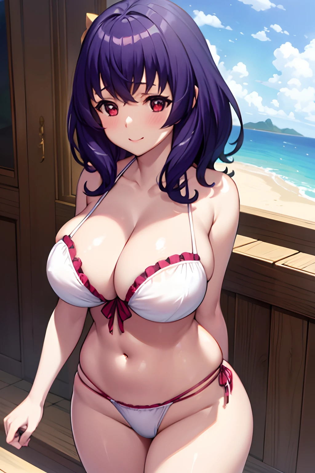 huge breasts, upper body, masterpiece,8k, best quality, good hands, wide hips,good eyes, 1girl, solo, style,parody, high detail hair, maximum detail, intricate detail, extremely clear,ray tracing, bikini, beach, nsfw,rtx,white bikini,smile, shy, blush, embaressed,yamanobe tomo purple hair red eyes medium hair huge breasts, mature female