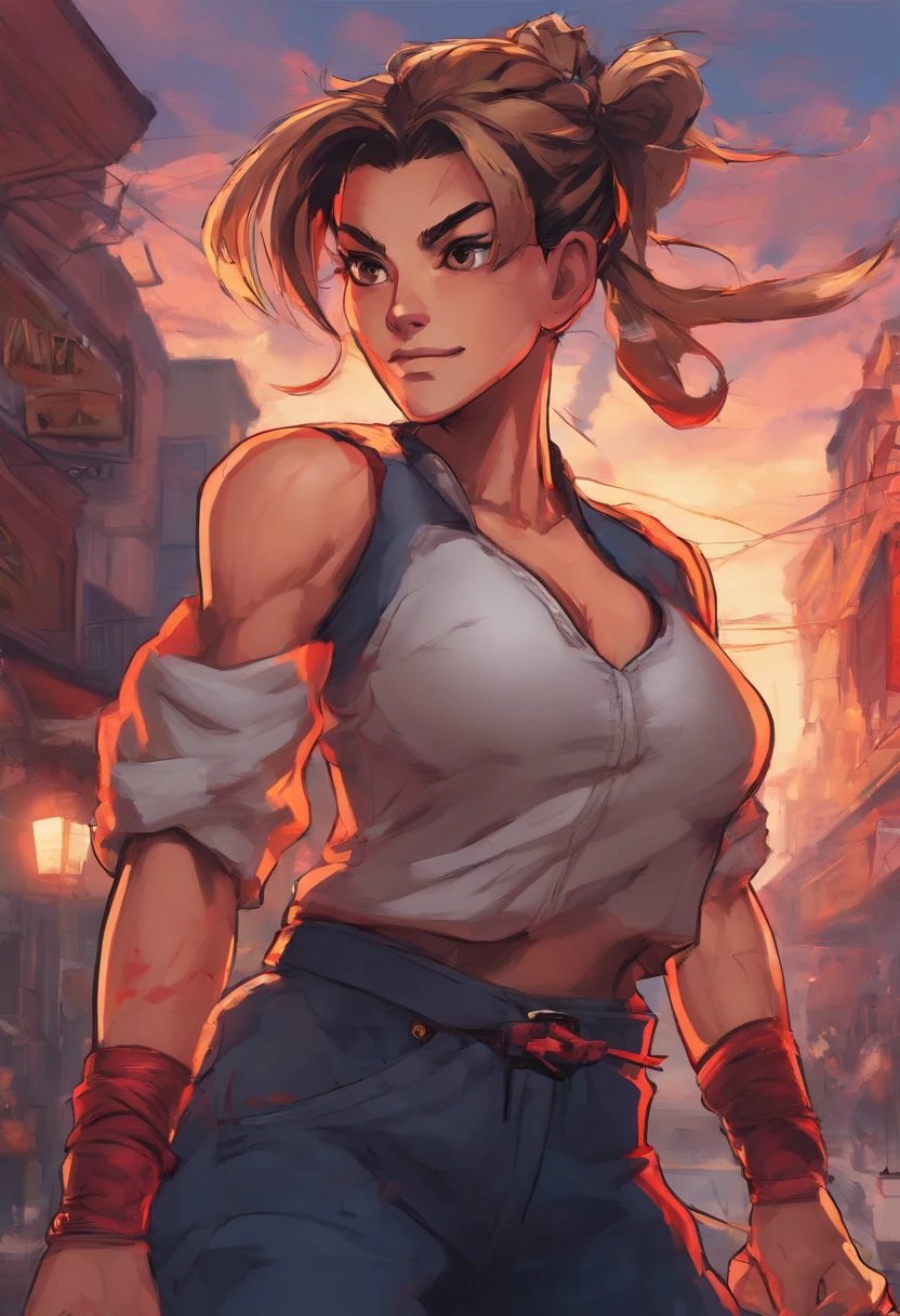 best quality, 8k, woman, young, 19 years old, top, cargo pants, wicked smile, dynamic pose, city scenery, pc wallpaper,