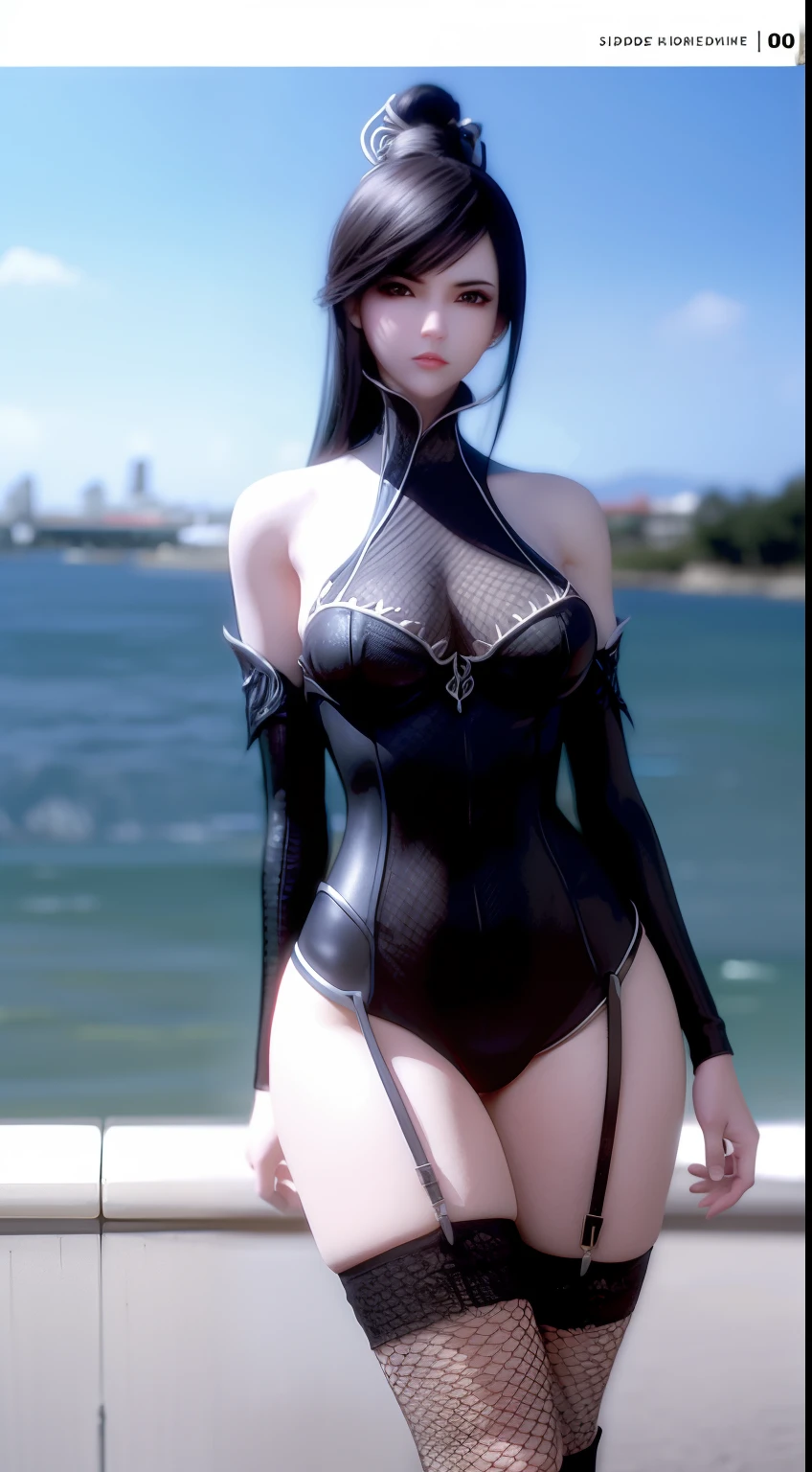 A girl with black hair，Bigchest。Wearing sexy red mesh lingerie by the sea