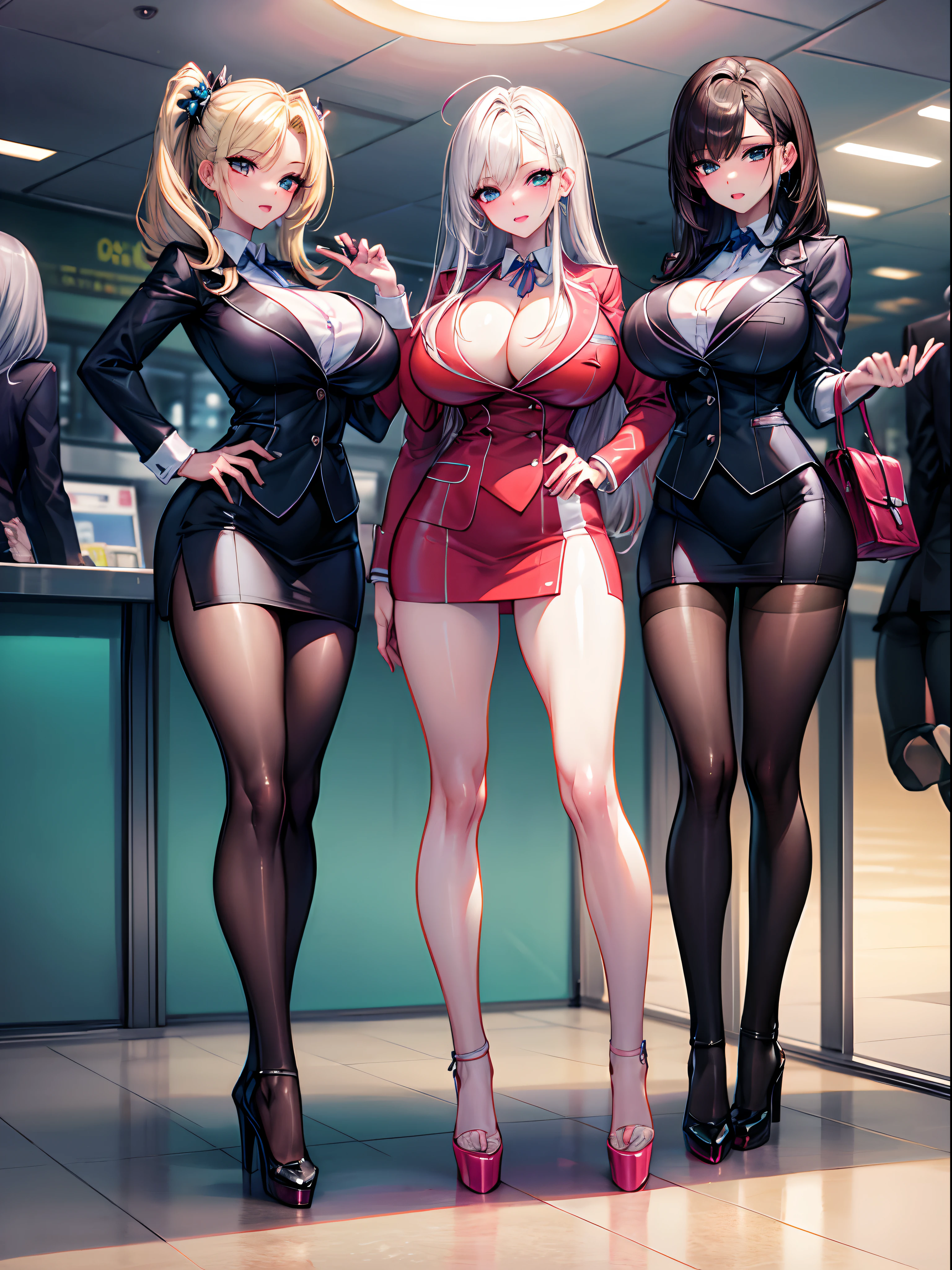 masterpiece, best quality, official art, extremely detailed, 3girls, flight attendant, high heels, airport