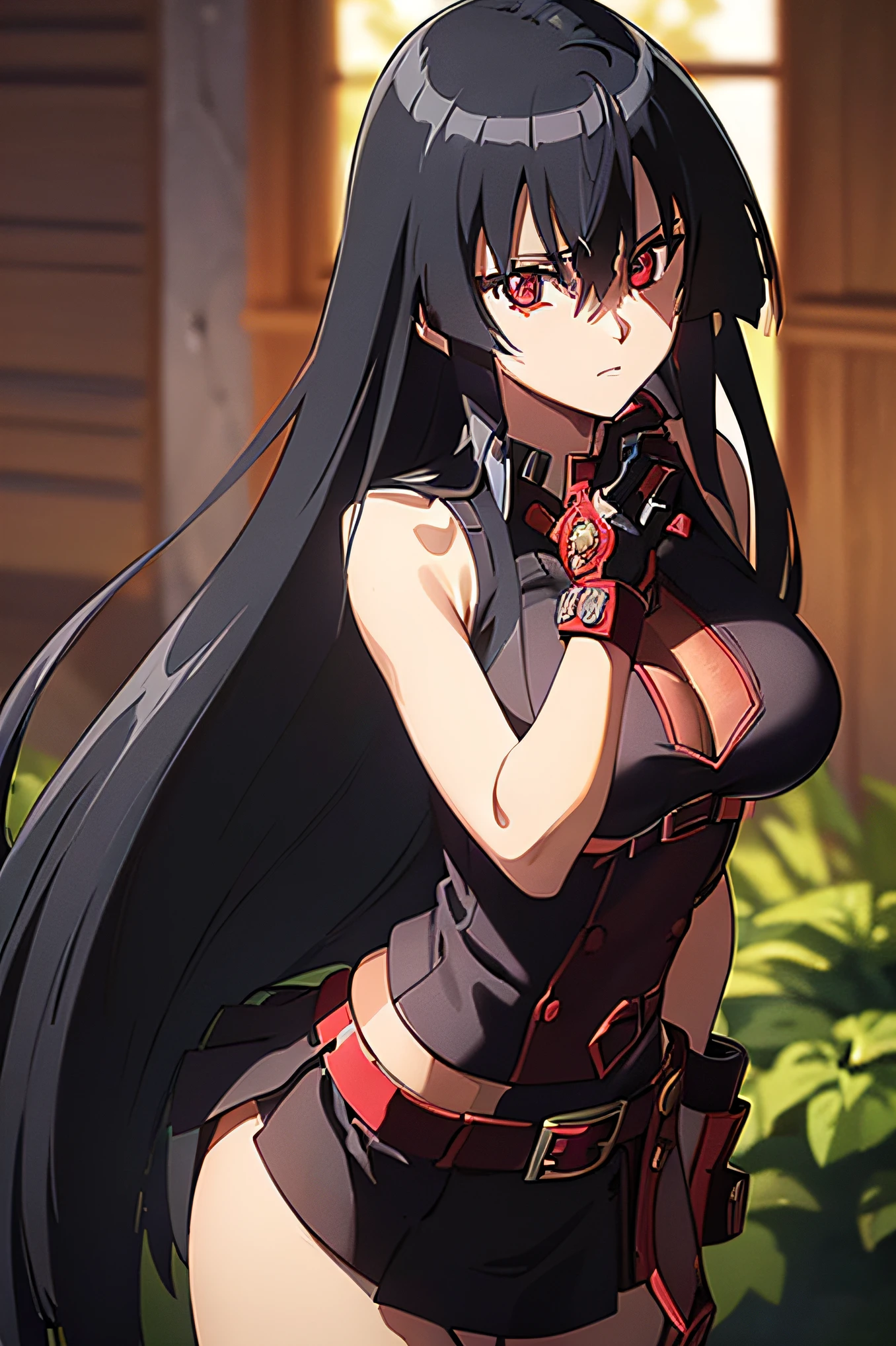 Akame (Akame ga mata!), (Masterpiece, high quality), cleavage, patch on her left eye, (black color patch), Lush detail, Incredibly detailed face, beautiful red eyes, radiant skin, sharp eyes))) , ((inside, Dramatic shadows, vibrant colors, backlit, Depth of field, high leg, opposite, (Very long hair))), (((Only, 1girl, Bright red eyes))), black hair, ((breasts medium )), ((Black sleeveless shirt, black skirt, White collar shirt, red belt, bangs, hair between eyes, ASS, big eyes, Upper body, Facial focus, slim body, Looking at viewer , red bracer