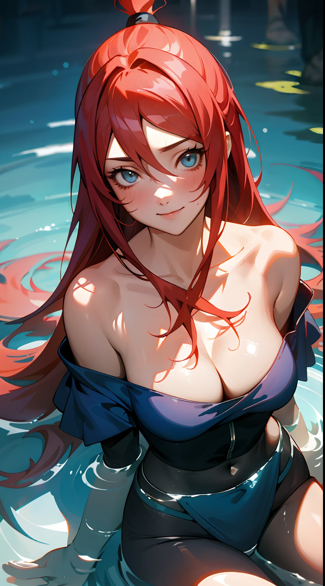 (Masterpiece), Expressive eyes, Perfect face, 1 girl, Smile, ,cleavage,red tinted hair,looks into camera,Blue clothes,Off-the-shoulder attire,Naruto,Five generations of water shadows,Terrumi