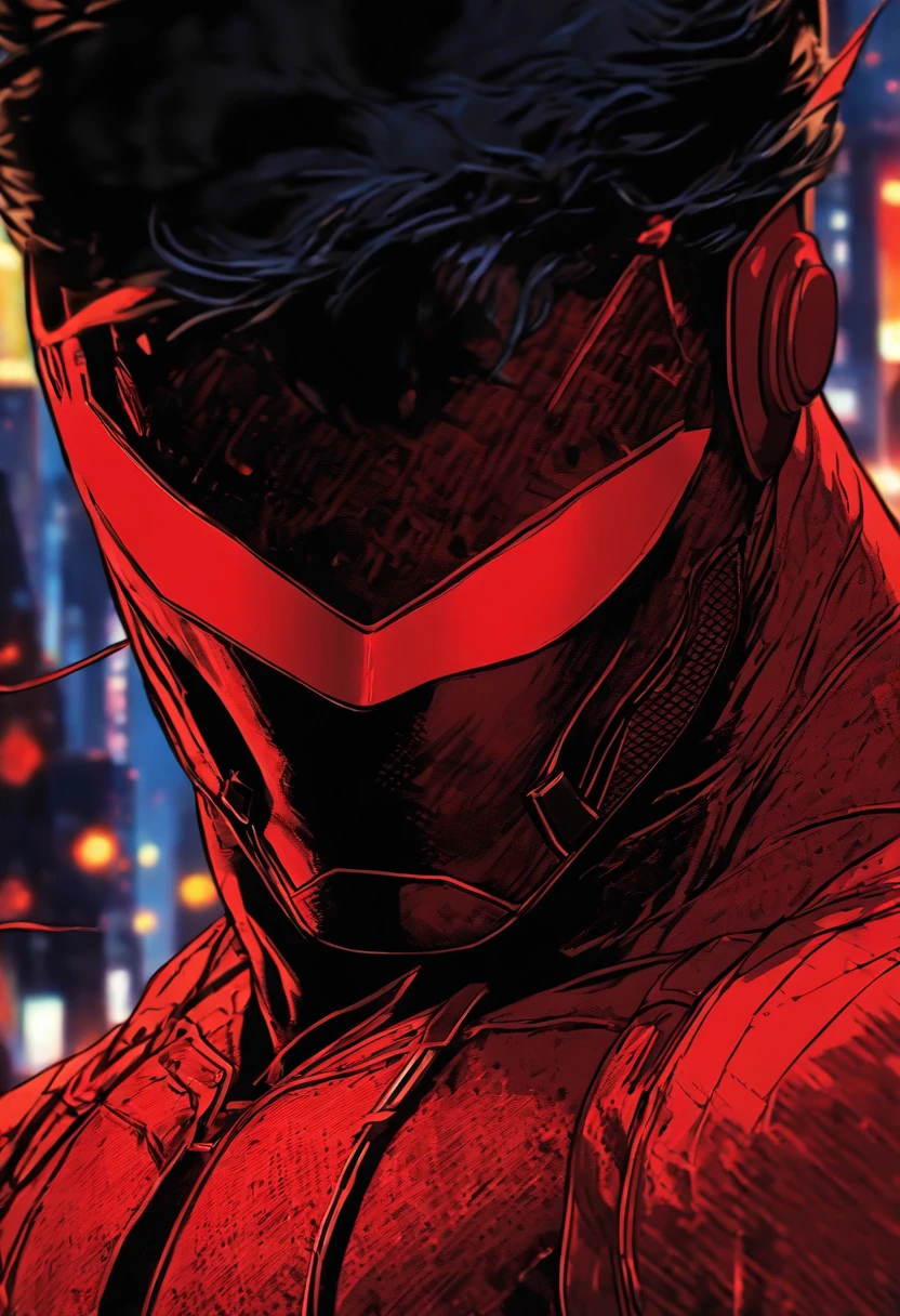 daredevil as an 18 years old teenager in a red battle suit, with small red eyelines and red eyelences, a half-red mask, and a hint of a smirk, with two small horns protruding from the top of the head. anime version, in new york