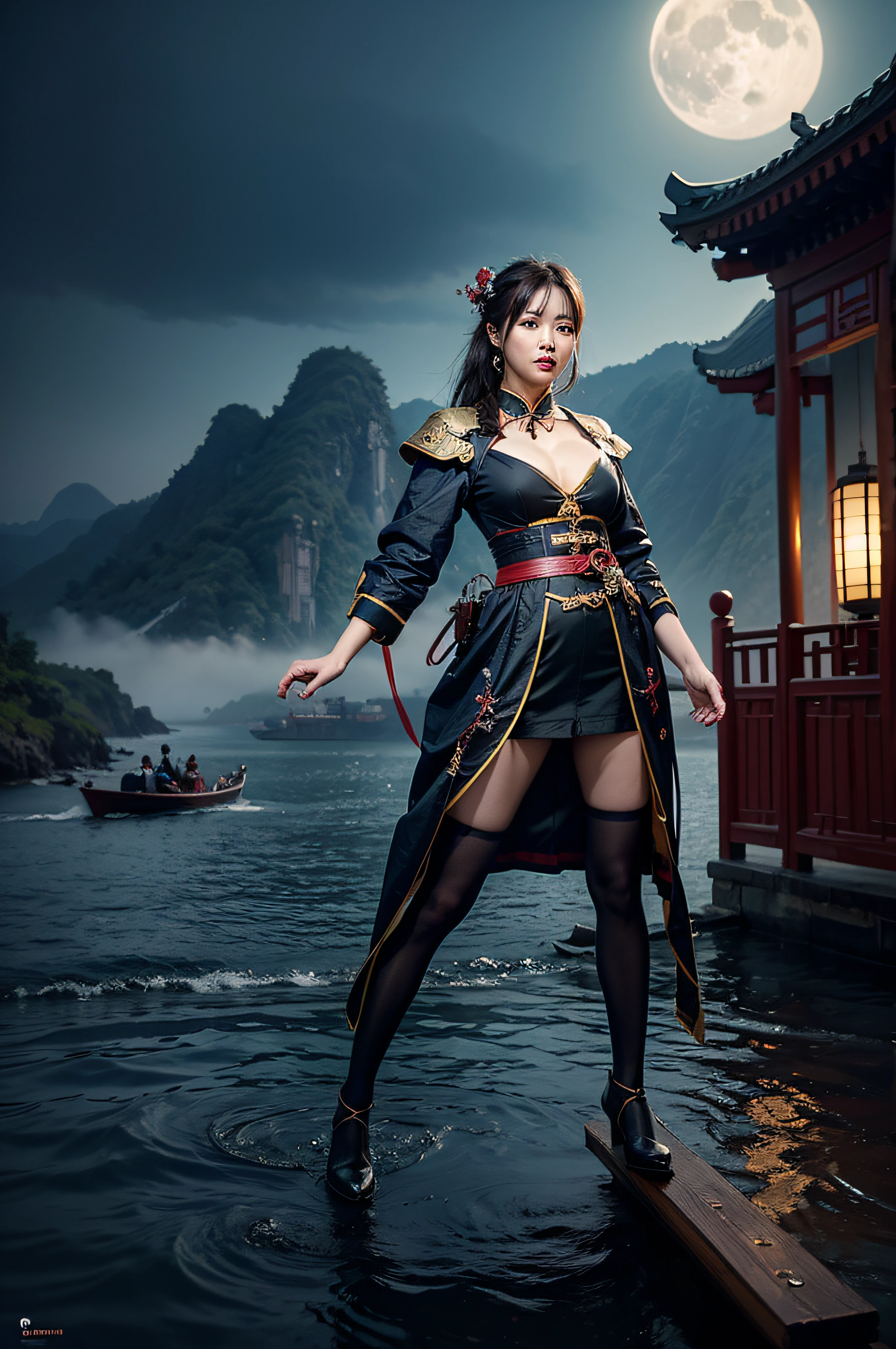 a painting of a boat floating in a river under a full moon, by Yang J, Chinese landscape, author:Wang Lei, Chinese fantasy, andreas rocha style, author:Fan Qi, by Raymond Han, author:Qu Leilei, inspired by Andreas Rocha, Inspired by Fenghua Zhong, author:Song Xu, 4k digital painting, 4 k digital painting (show female model full body action pose & more chinese style dress)(realistic)(Low angle)(f 1.0)(background Bokeh)(focus lens 200mm)(model will be in front of viewer)(at night)