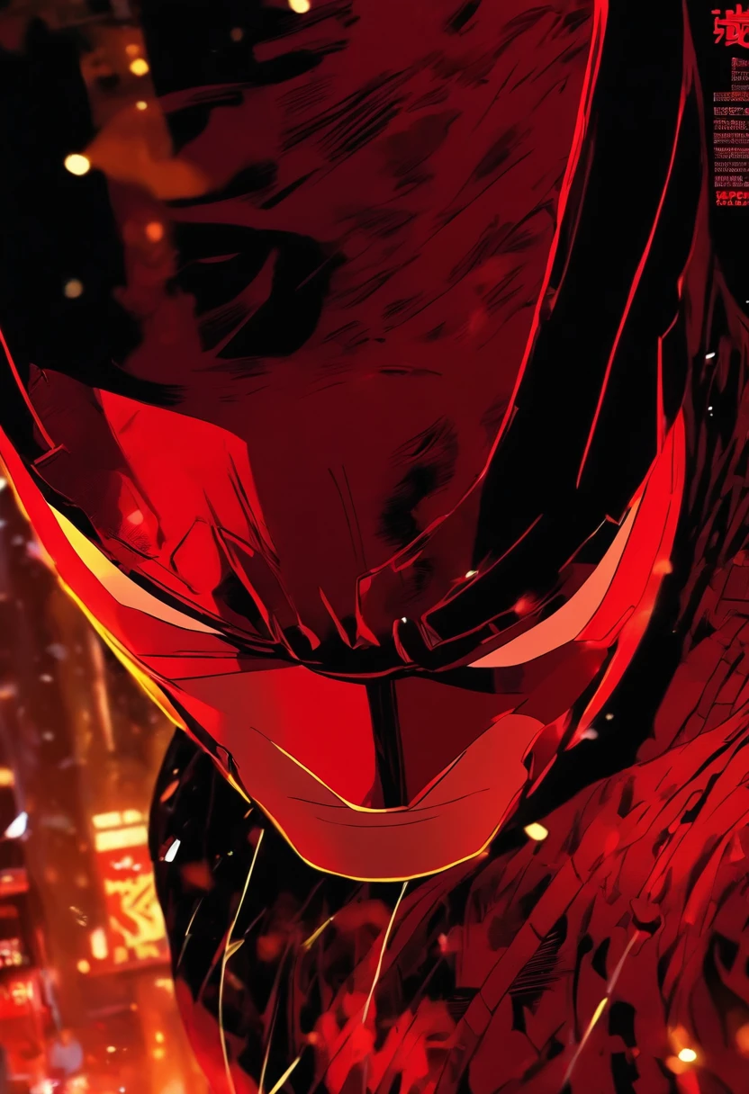 Daredevil at the age of 18 in a red combat suit, avec de petites lignes rouges et des yeux rouges, un masque demi-rouge, and a hint of smirking, with two small horns protruding from the top of the head. Version anime, in new york
