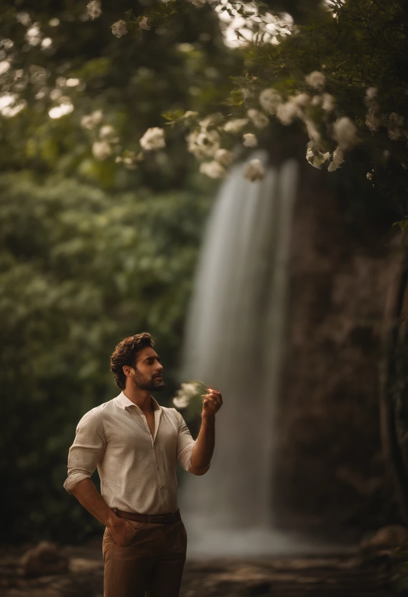 Homem orando por Deus, Rodeado por um jardim sereno. Os olhos do homem se fecharam, peaceful expression on his face. [atmosfera de sonho], [folhas flutuantes no ar], [Sun filtering through the trees], [Brisa suave farfalhar as flores], [delicate petals falling gently]. The garden is filled with vibrant colors and lush greenery, giving you a sense of tranquility and harmony. Man's body is relaxed, seus membros posicionados naturalmente. The strings of heaven extend downward, conectando-se a diferentes partes de seu corpo. The strings are ethereal and translucent, com um brilho fraco. [Cordas intrincadas e detalhadas], [Movimento suave], e parecem puxar gentilmente o homem, como se guiasse cada movimento dele. Strings are a metaphor for the forces that control our lives, representando o destino ou um poder superior. They symbolize the delicate balance between free will and destiny. [misterioso e cativante], [brilho celestial], [Ethereal connection]. A imagem geral deve ter [melhor qualidade, 4k, Altas], com [ultra-detalhado] renderizado. Deveria ser [Realistic, fotorrealista], capturing the smallest details of the man's face, Clothes, e os arredores do jardim. The lighting should be [macio e quente], criando um ambiente suave e sereno. [symbolic representation], [obras de arte surreais], [Dreamlike day], [Despertar Espiritual]. A obra de arte deve ter um [paint-like texture], com um toque de [magic realism]. It aims to evoke emotions of admiration, reflection, and a sense of the mysterious forces that shape our lives.
