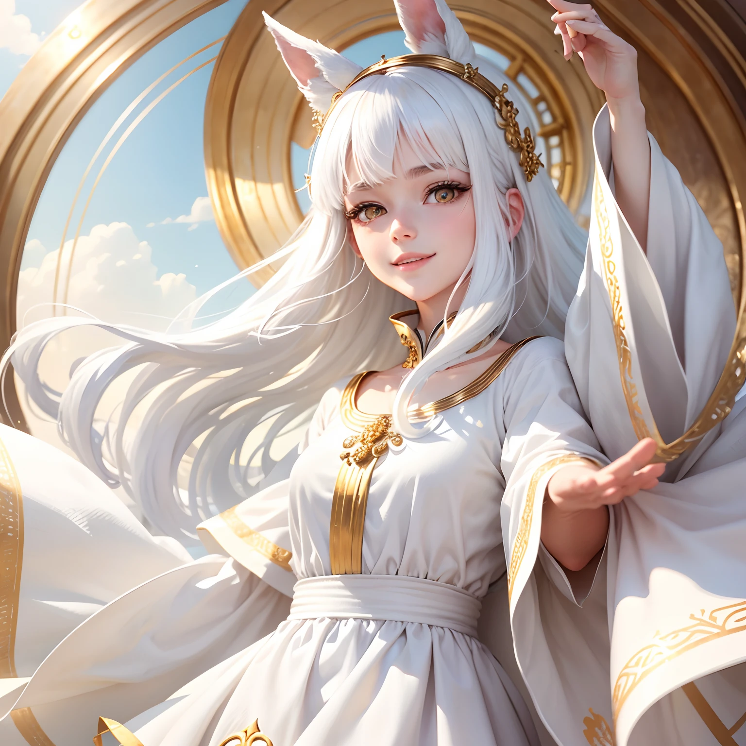 best quality, white hair, gold eyes, white clothes, looking up, upper body, hair strand, Fair skin, smiling, Hareful