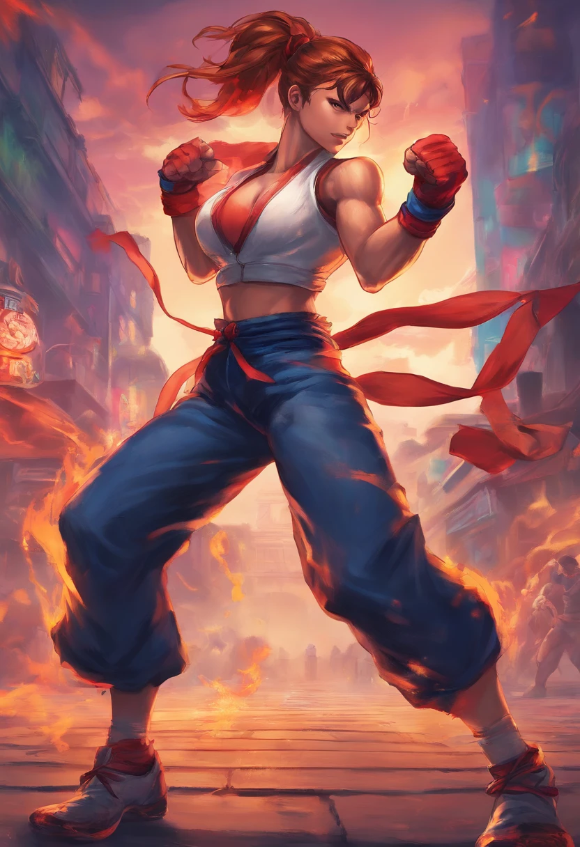 best quality, 8k, woman, young, 19 years old, top, cargo pants, wicked smile, dynamic pose, city scenery, pc wallpaper, fire in hands, combat pose,