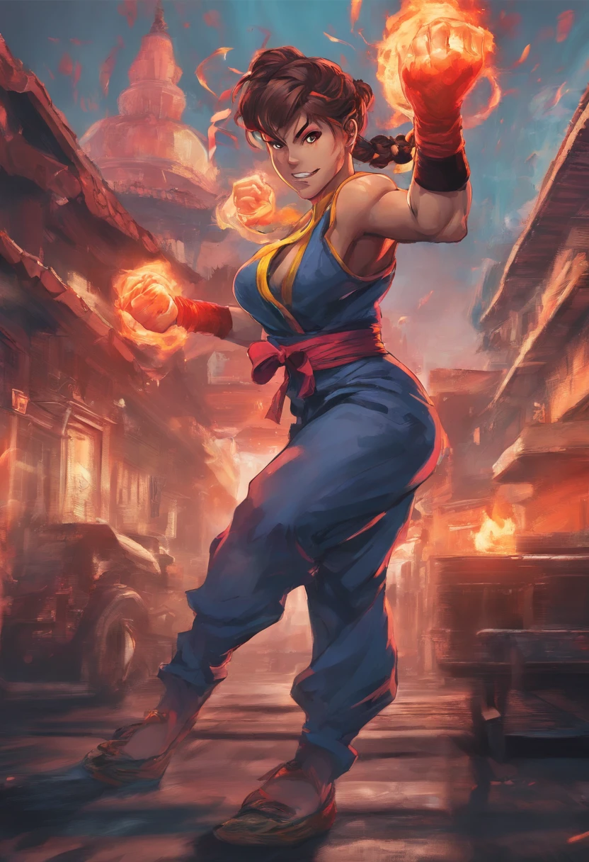 best quality, 8k, woman, young, 19 years old, top, cargo pants, wicked smile, dynamic pose, city scenery, pc wallpaper, fire in hands, combat pose,