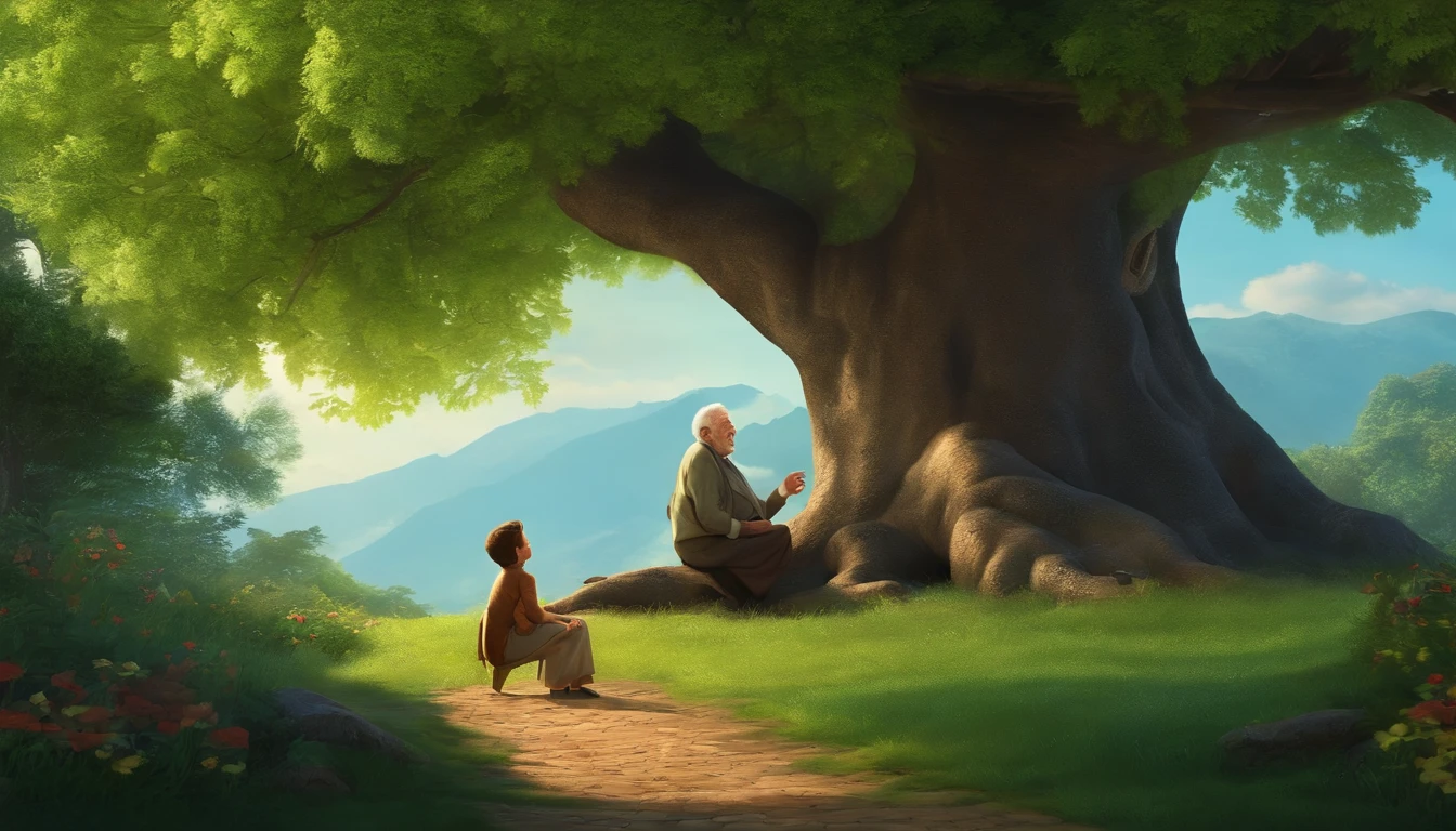 The picture is clear,The sky is blue, Under a big green tree, an old man tells a story to a child.
