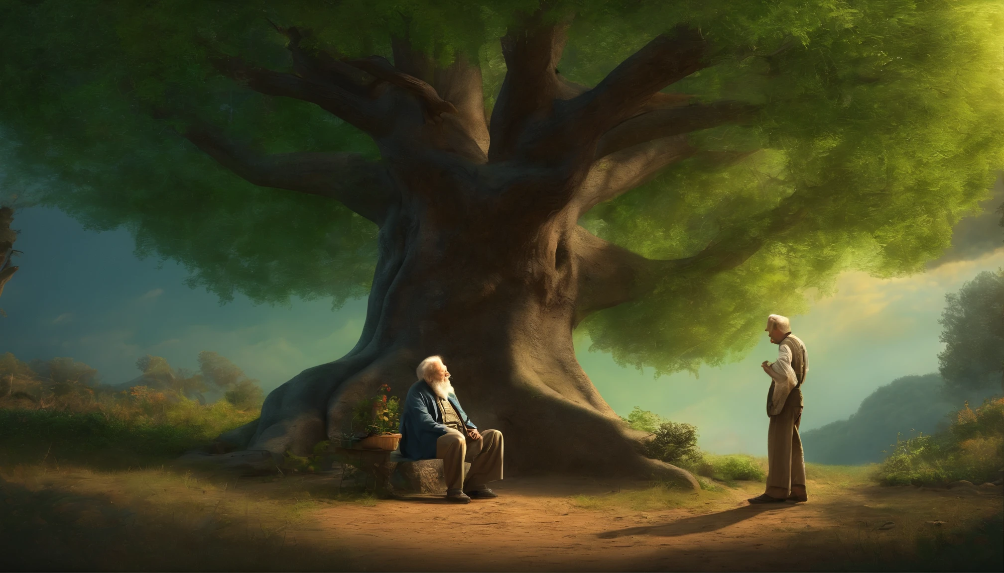 The picture is clear,The sky is blue, Under a big green tree, an old man tells a story to a .