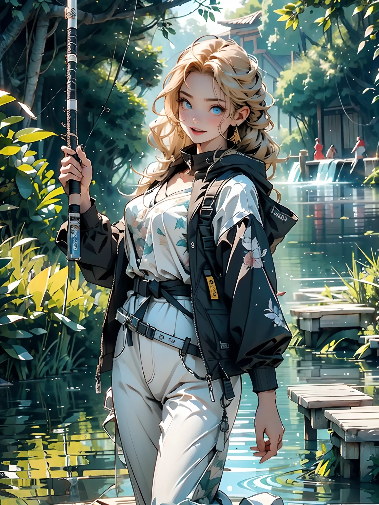 8K、​masterpiece, top-quality, The ultra -The high-definition, Top resolution, ighly detailed, profetional lighting, 电影灯光、nffsw、Woman fishing in the river、Beautiful and wide river、Flowing waterfall、Petricular muscle、musgo、the woods、mont、Blue sky、Flowing clouds、steam、myst、Full Body Pose、Girl blends into the landscape、Beautuful Women, a small face、de pele branca、a very cute, 17 age、(Blue eyes、A detailed eye、Bright pupils、Gradient Eyes:1、finely detailed beautiful eye:1、Symmetrical eyes:1、big highlight on eyes:1.2)、breasts are medium in size、(Golden hair、long、Short、Braiding、Fluttering hair)、(1 fishing rod、Holding a fishing rod in your hand、Fishing lure rod、Fly Rod、Fishing Reels、with long sleeve hood、Outdoor Vest、parka、Waders、Long pants for fishing、Big backpack)、thin and long legs、Beautiful hip line、Beautiful spine、constricted back、Toned waist、The face is a little red, beutiful breast、Breast is an A cup、long hair split edges) 、(Round face: 1.4)、(Fine fingers、Ratio 4 fingers and 1 thumb、detailed arms、detailed human hands)、Smile with open mouth、White teeth are visible、shiny lip、(1 fishing rod、Straight stretch fishing rod、Long fishing rod、Woman fishing with fishing rod in hand)