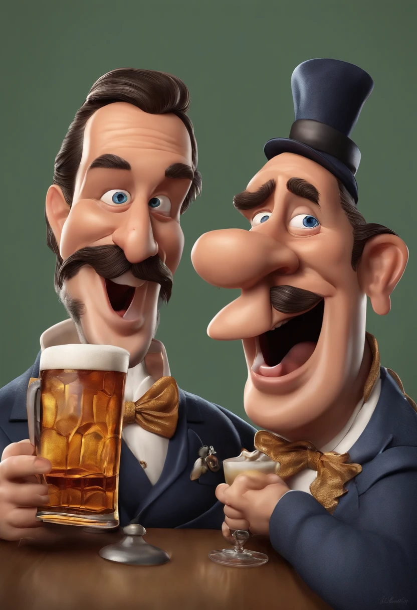 Dois amigos visivelmente embriagados com o corpo totalmente completo , They hold an entire bottle of whiskey and a glass of draft beer each. The faces are contorted into comical expressions, with bulging eyes and tongue sticking out,, estilo de desenho e com um toque caricatural, 8k