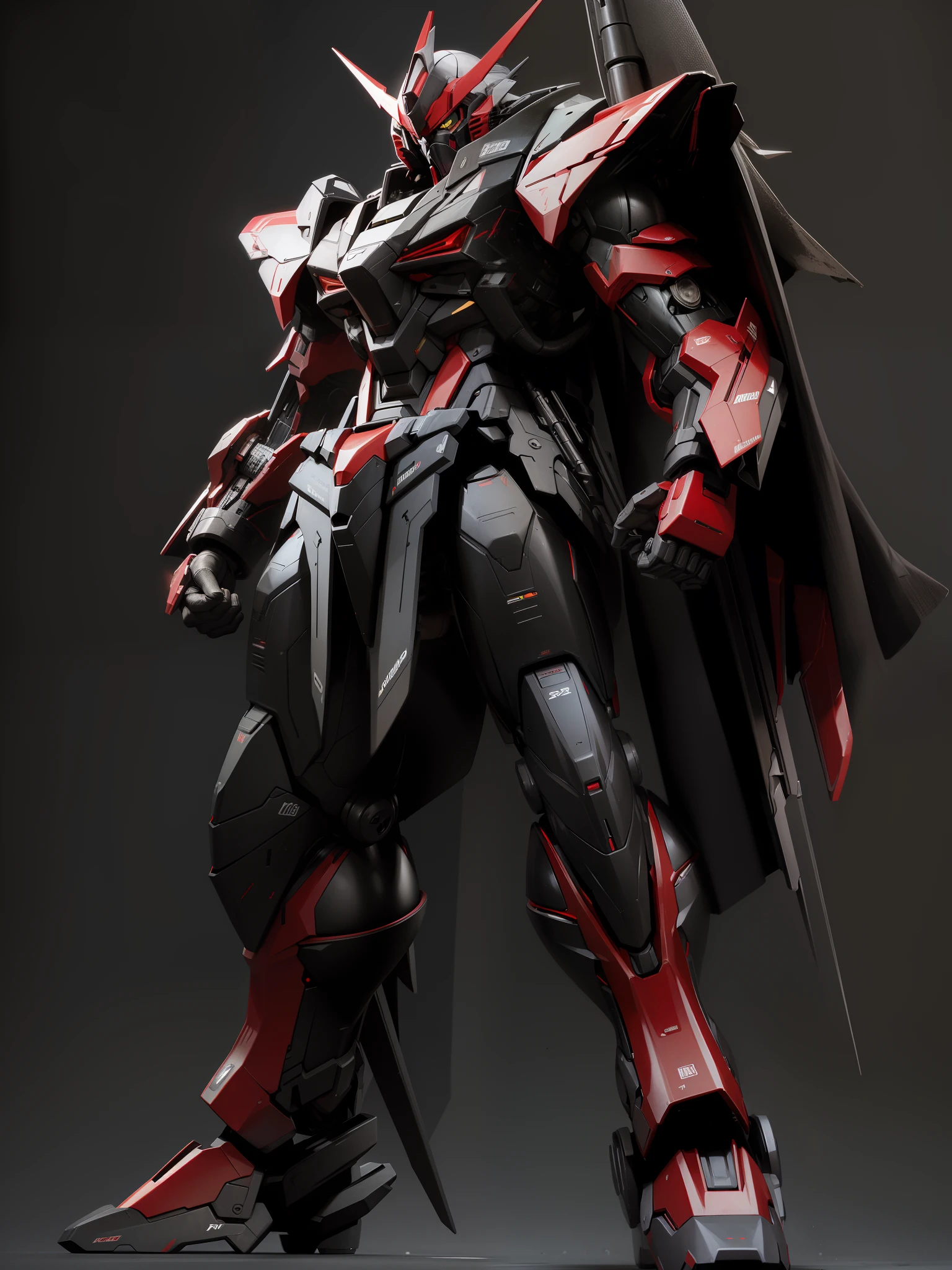 Hyper realistic illustration of super advanced ai 4D real life size of Gundam Venom, Black and Red Color wearing huge futuristic robe, neat and tidy body shape:: holding Super massive weapon, long shot, centered image, full view, hand granade, bulky, futuristic design, stylish weapon element, nerf weapon inspired, gunpla weapon inspired, nice color grading, color balance, clean and sharp image, nice brightness, dynamic shading, Nikon D4:: inspired by world class weapon illustration artist:: ((battlefield background, distruction, explosion))