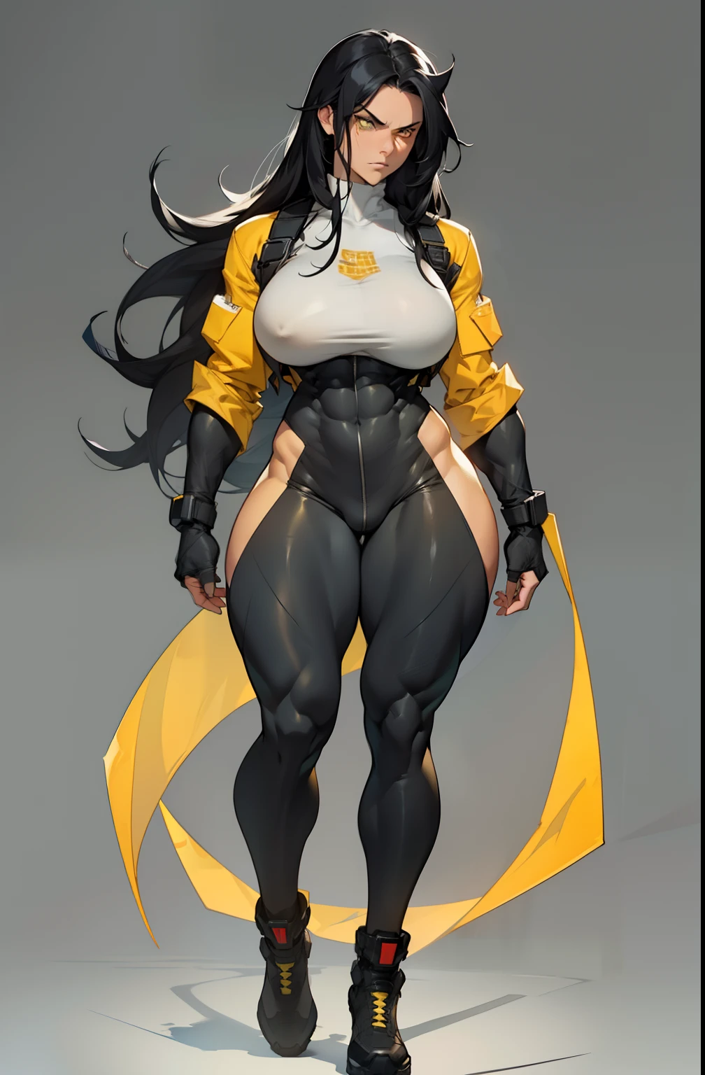 grey background, solo, 1 girl, bodysuit, very long hair, black hair, angry, yellow eyes, ((((muscular)))), ((huge tits)), (thick thighs)), ((wide hips)), (full body), pale skin