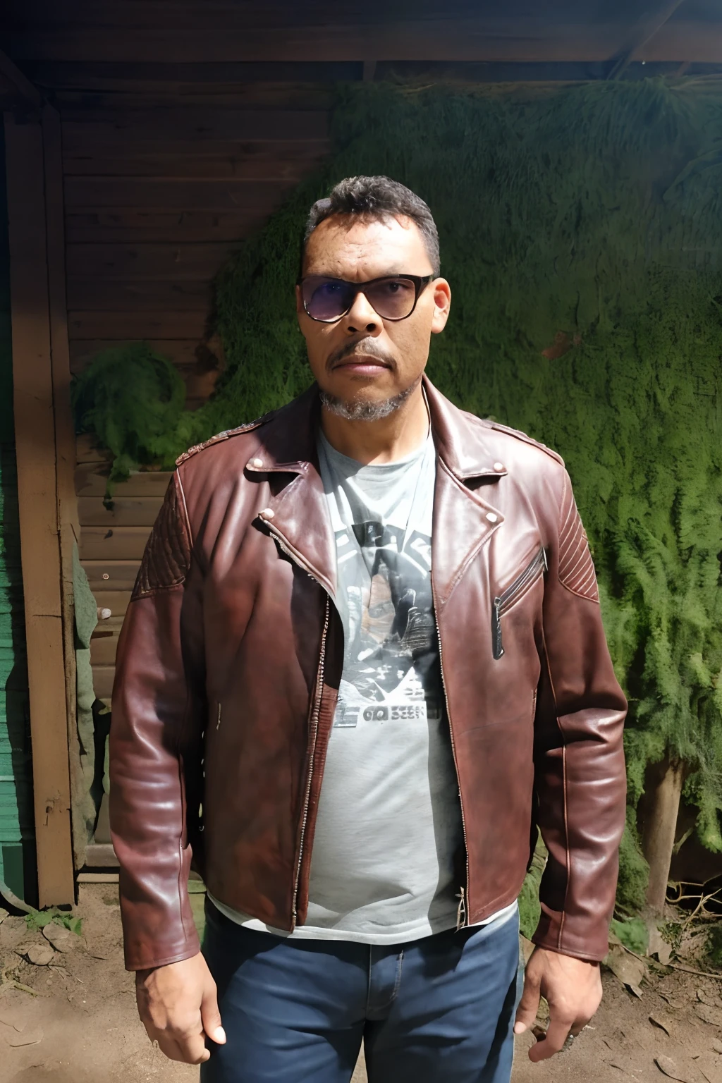 guttonerdvision10, a 46 year old man, bearded, tall, leather jacket, paunchy, in a post apocalyptic world