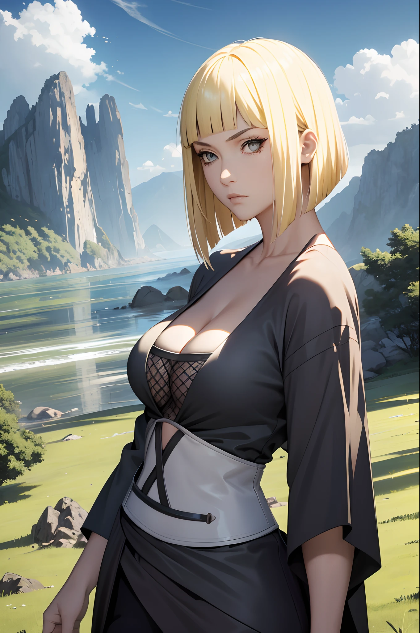 Masterpiece, Best quality, Koh Samui, black kimono, cleavage, vambraces, Cowboy shot, view the viewer, From the side Side, emotive, Mountains, Clouds, rock formations