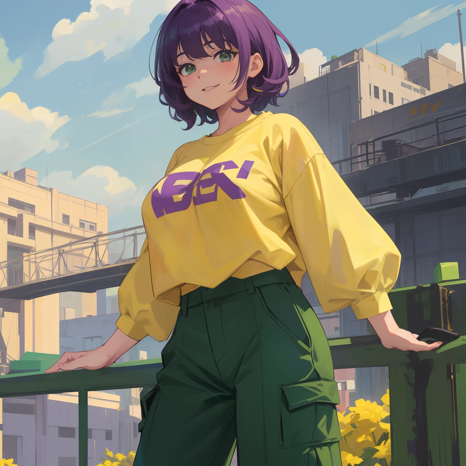 (masterpiece), best quality, expressive eyes, perfect, 1girl, solo, adult woman, cute cute, ((purple hair), (curly short purple hair), (short purple hair)), green eyes, cute face, big cheeks, round cheeks, smiling, lips, red lips ((yellow and green sleeved shirt), (yellow and green sleeved cropped), (yellow and green sleeved cropped shirt, yellow and green sleeved top)), (big breasts), ((dark green pants), (dark green cargo pants)), socks, sneakers, ((standing)), )(urban background, blue cloudy sky, sunlight))